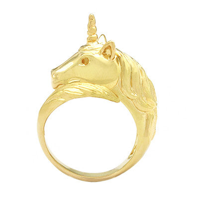 Gold unicorn ring featuring a detailed horse head and horn design.