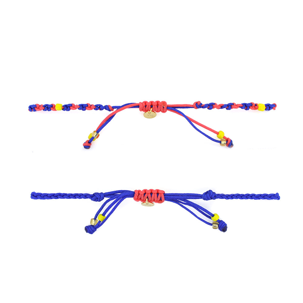 Two bracelets in blue and red threads with colorful beads, featuring a gold Trimurti Vishnu charm and a gold garuda charm.