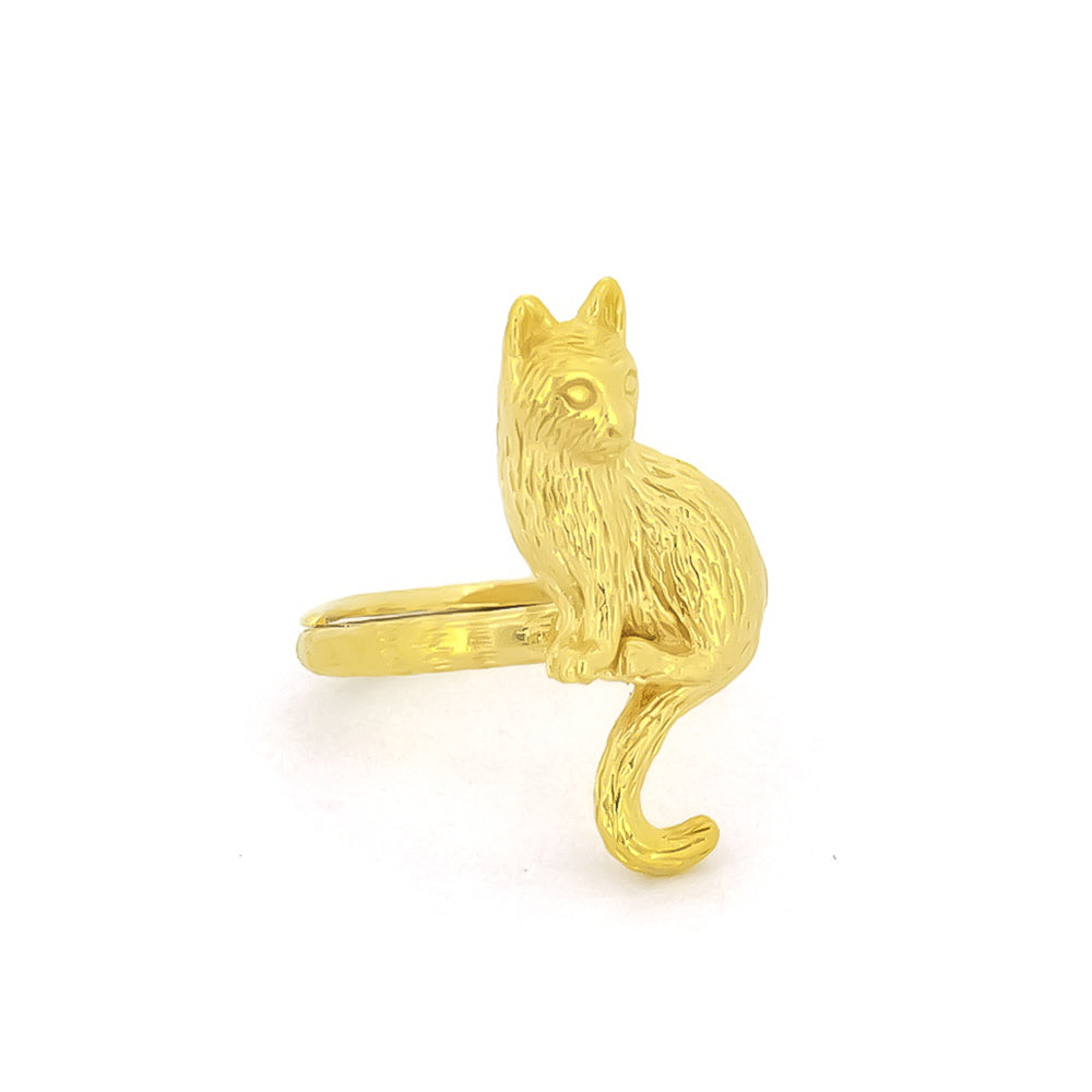 A handcrafted gold ring featuring a sitting cat design, highlighting the fur's details and facial features.