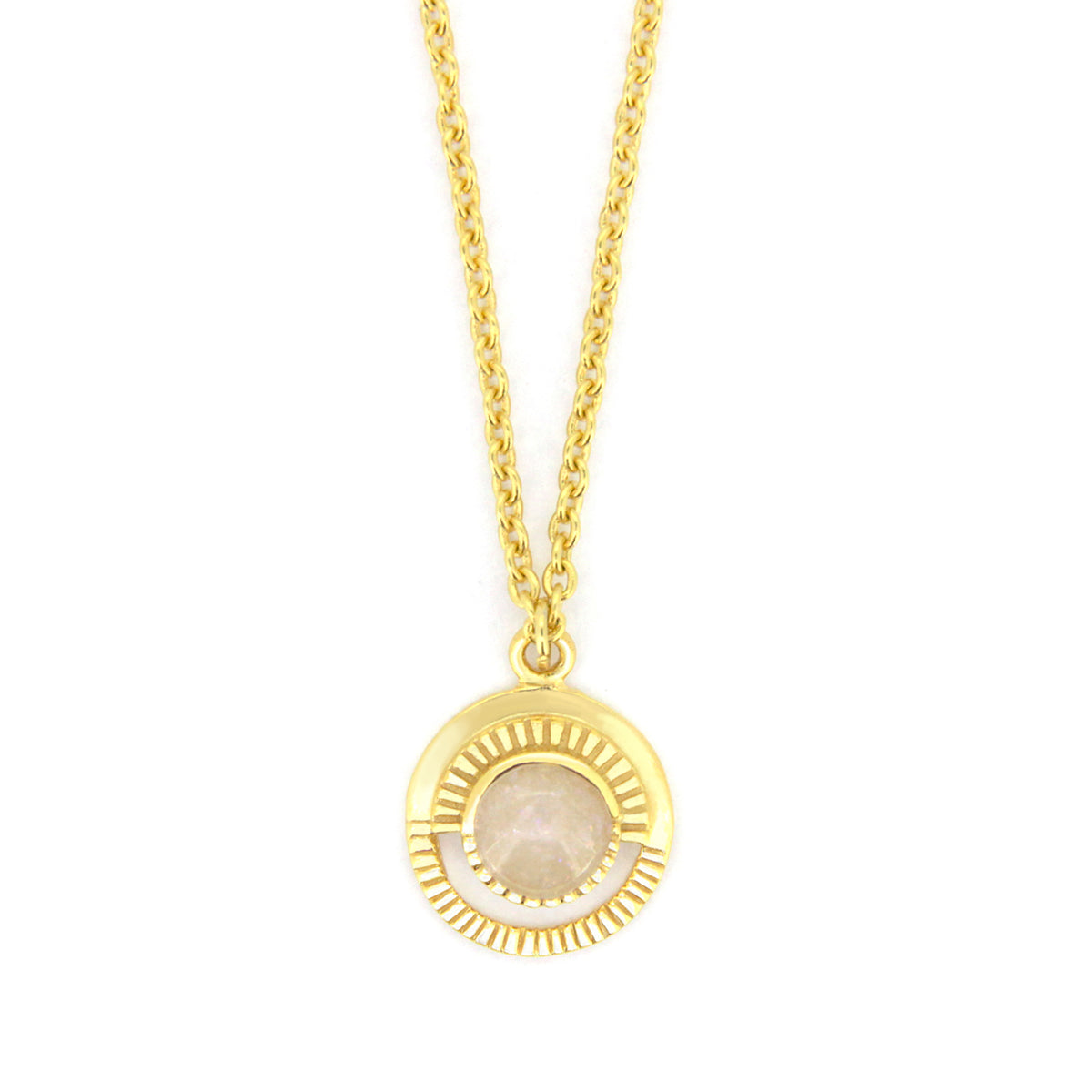 Gold necklace designed with a lunar motif and a beautiful stone centerpiece.