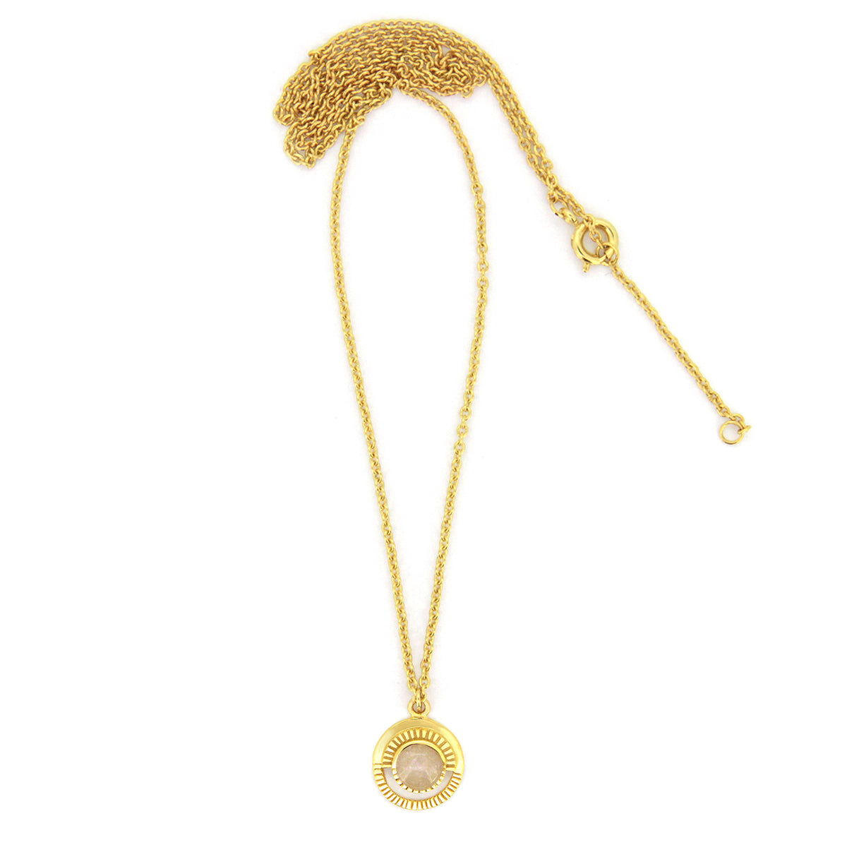 Gold necklace designed with a lunar motif and a beautiful stone centerpiece.