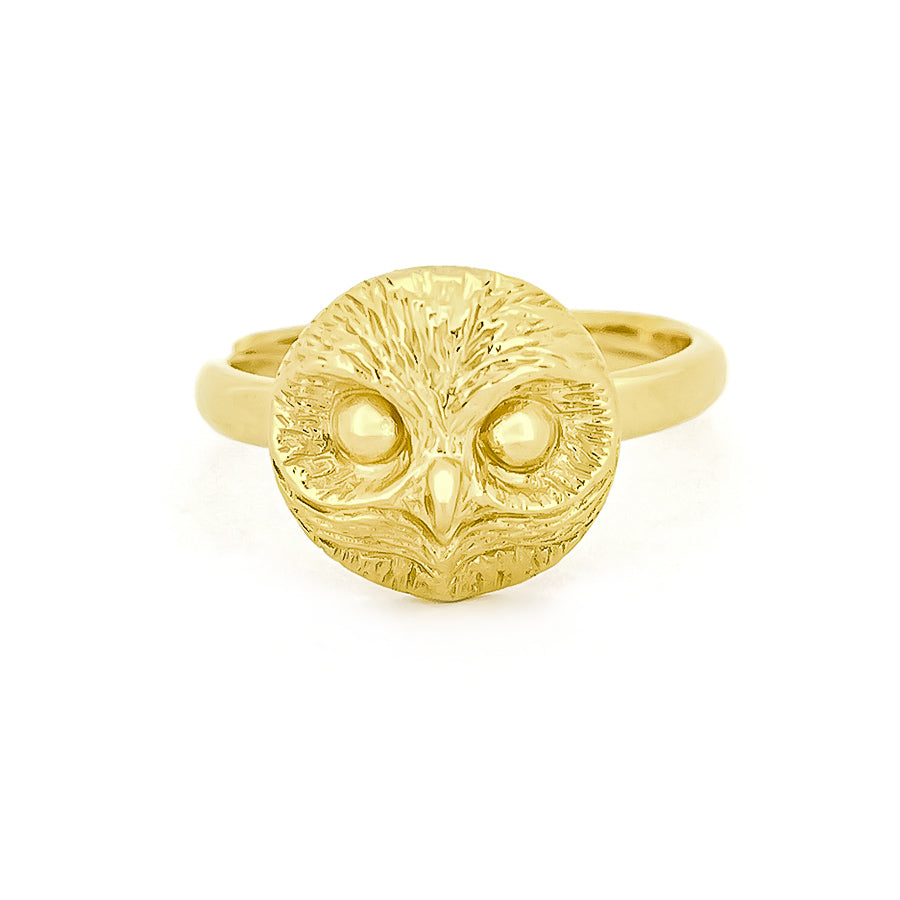 A beautifully crafted golden ring featuring an owl design.
