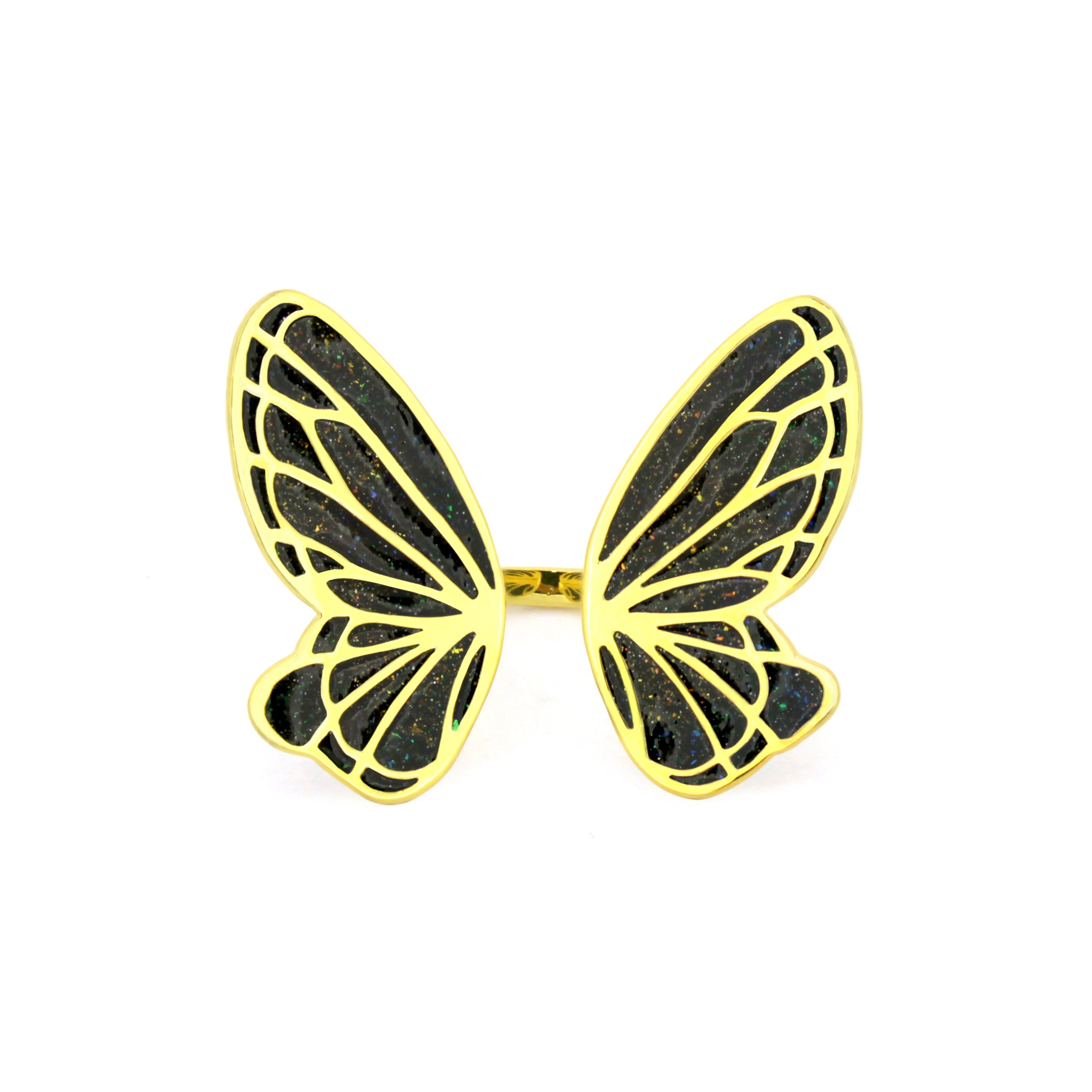 Artistic butterfly ring showcasing black enamel