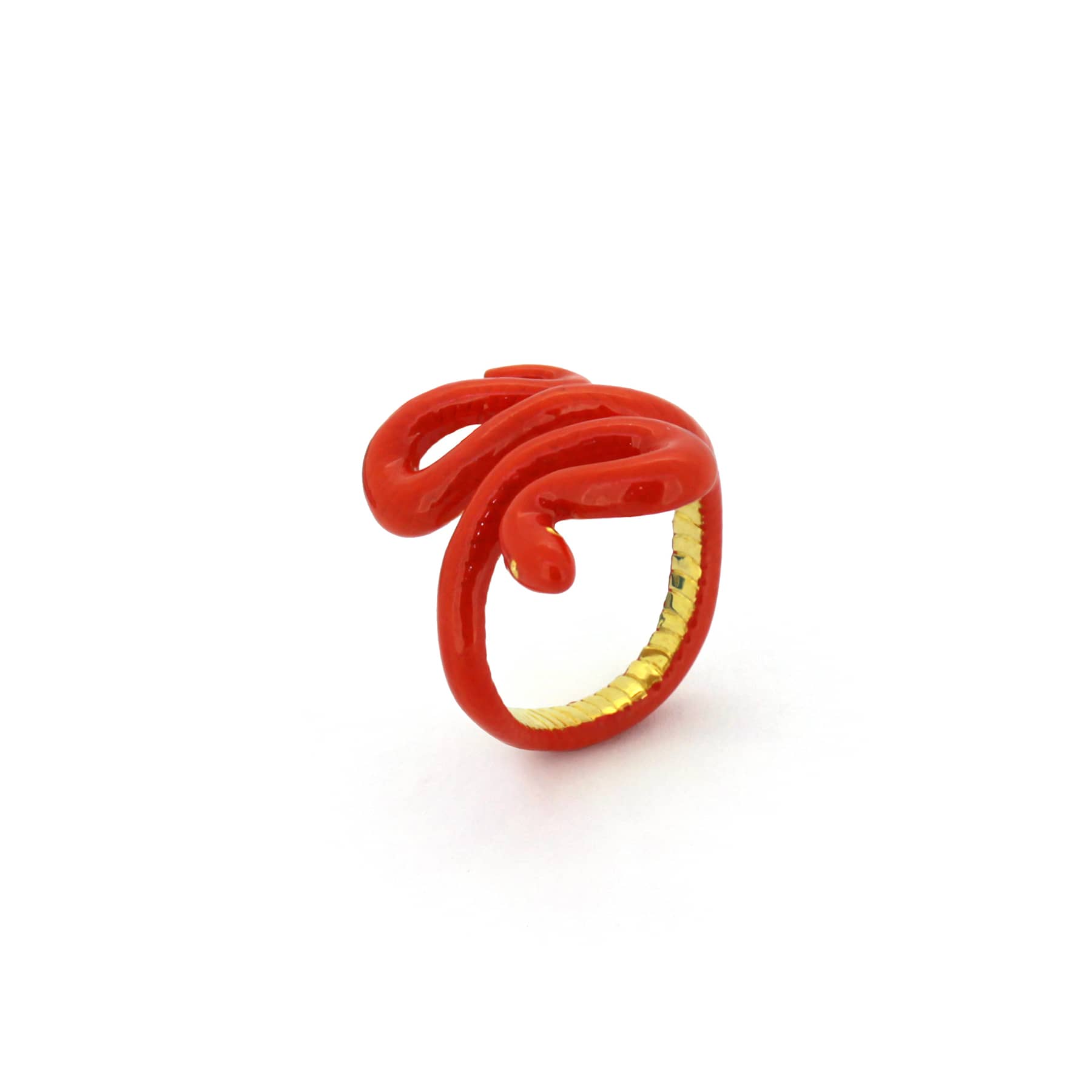 A whimsical red snake ring with playful design