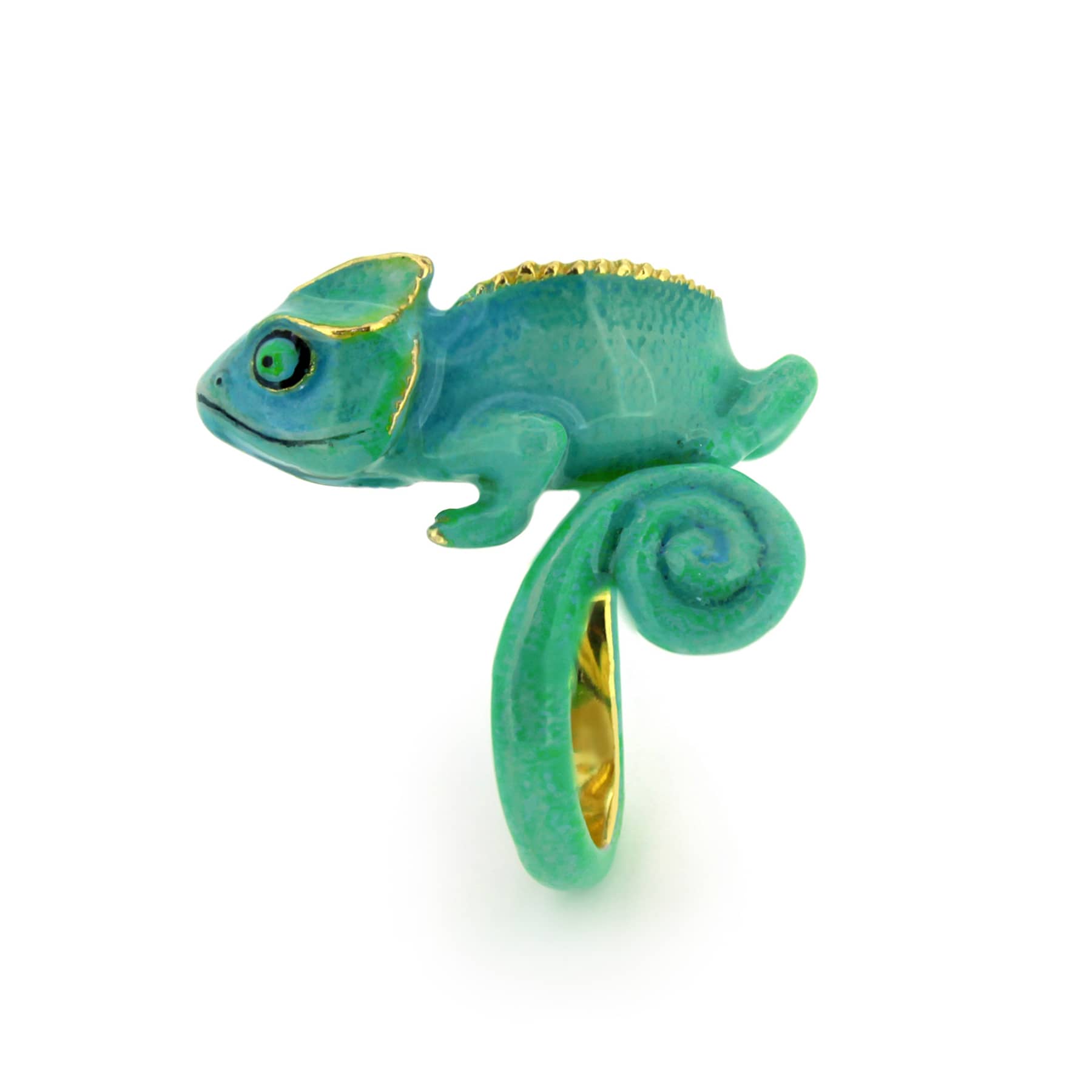 Artistic chameleon ring crafted in blue and green hues.