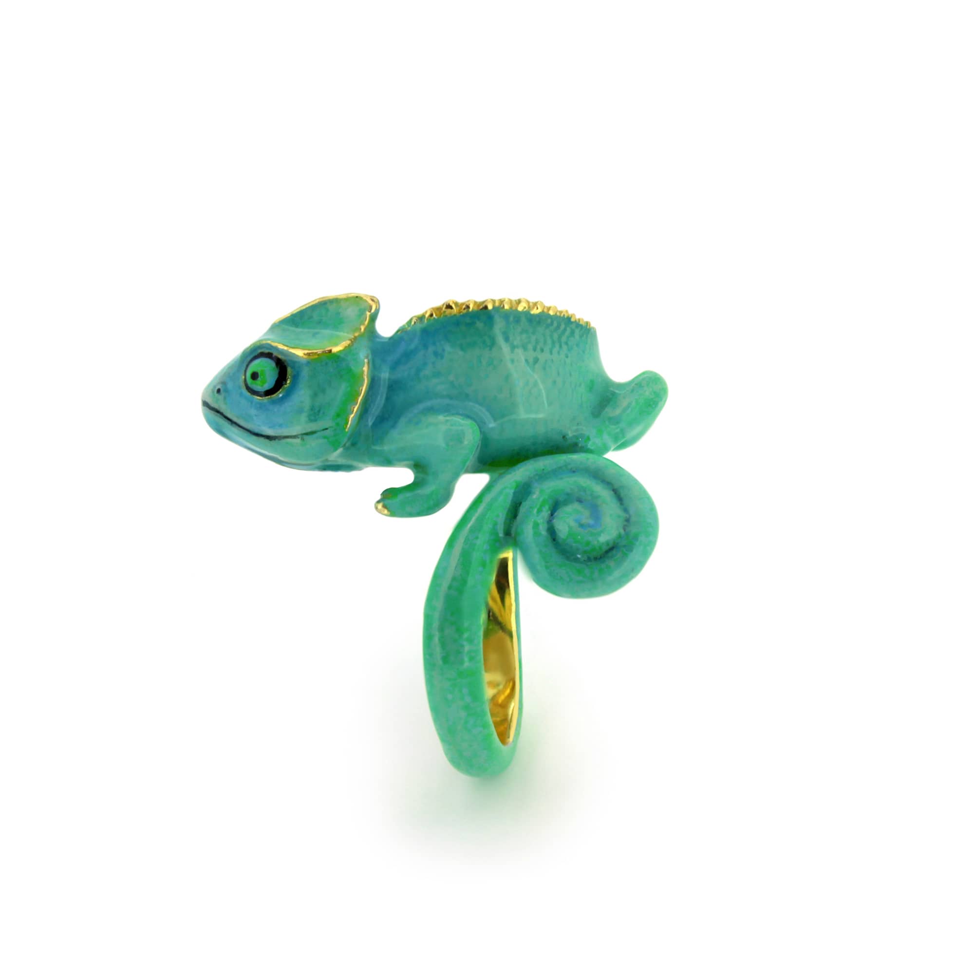 Artistic chameleon ring crafted in blue and green hues.