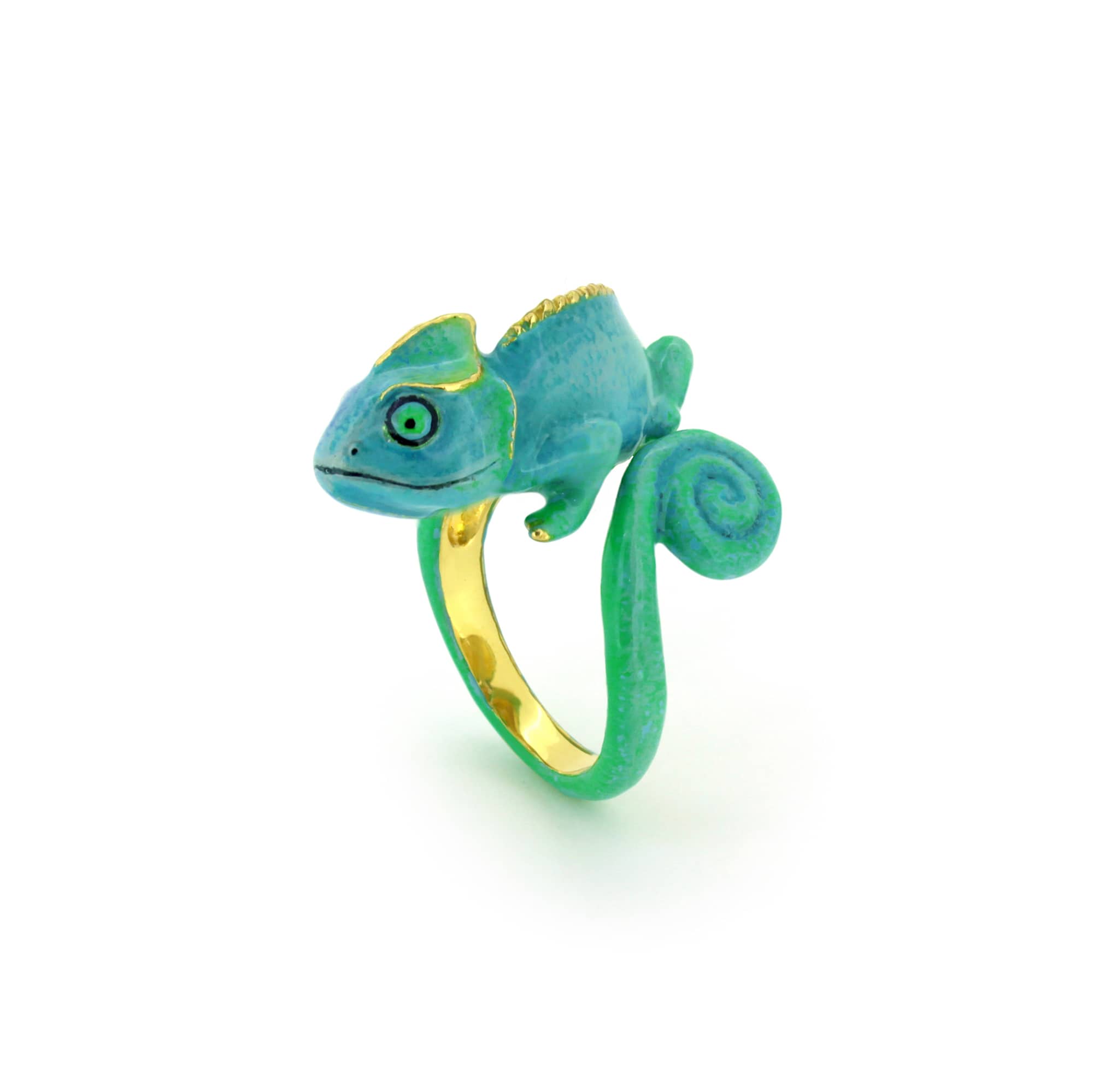 Artistic chameleon ring crafted in blue and green hues.
