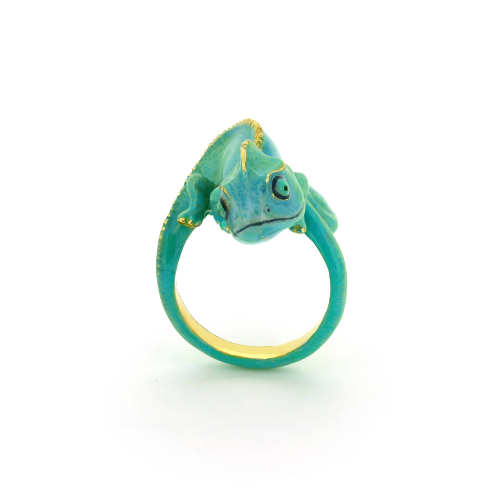 Artistic chameleon ring crafted in blue and green hues.