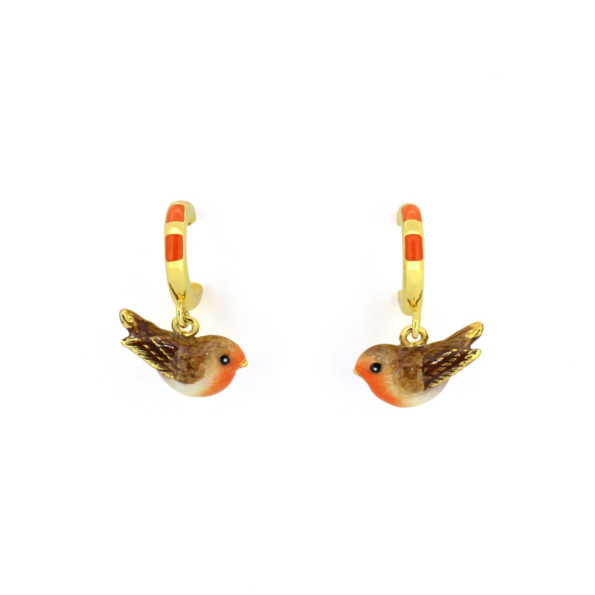 Handcrafted earrings with small bird charms featuring orange and brown detailing.
