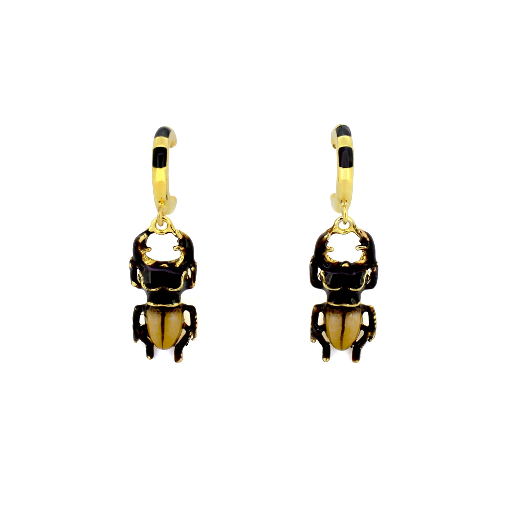 Gold-tone earrings featuring hanging stag beetle charms.