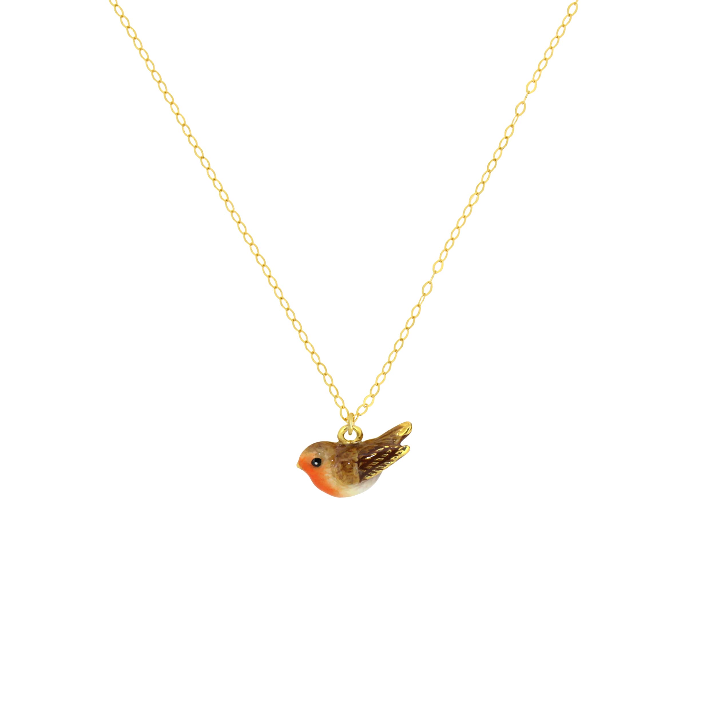 Gold necklace with small bird charms featuring orange and brown detailing.