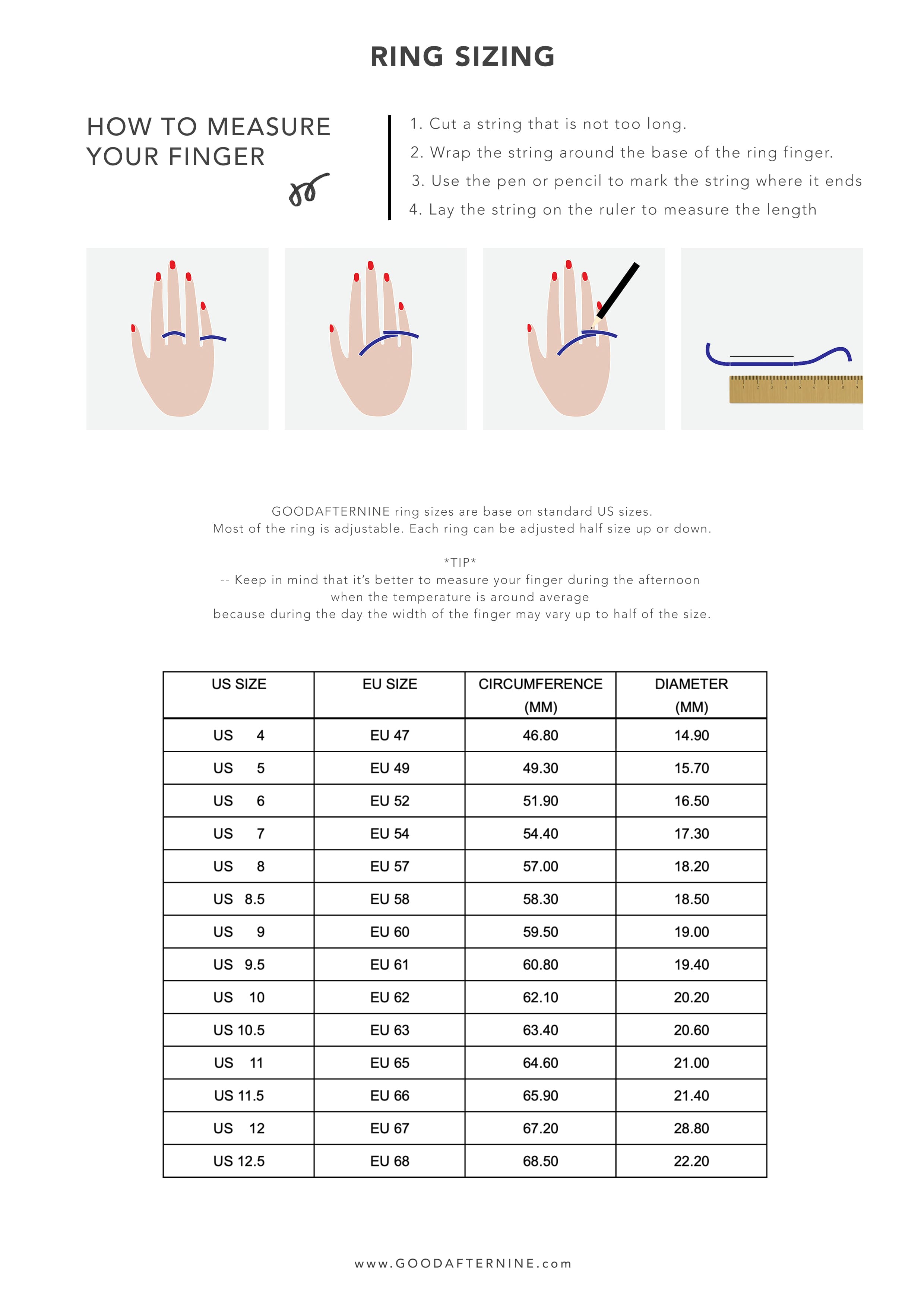 Ring size chart displaying US and EU sizes, circumference, and diameter measurements.