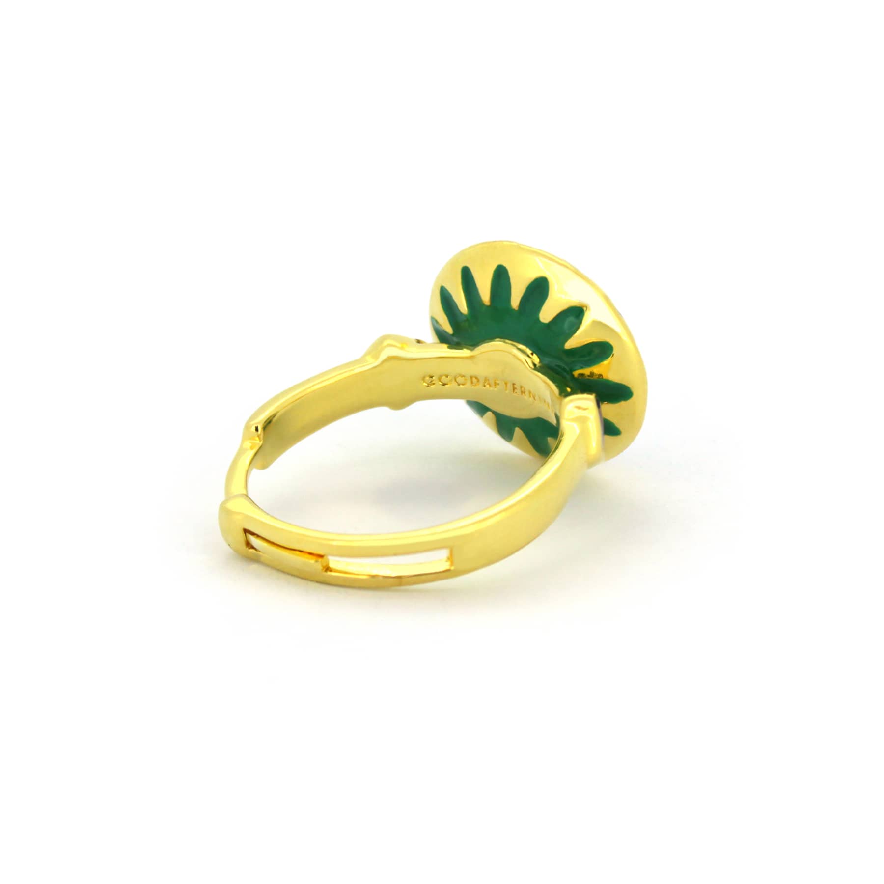 Unique gold ring with lavender, blue and green colors.
