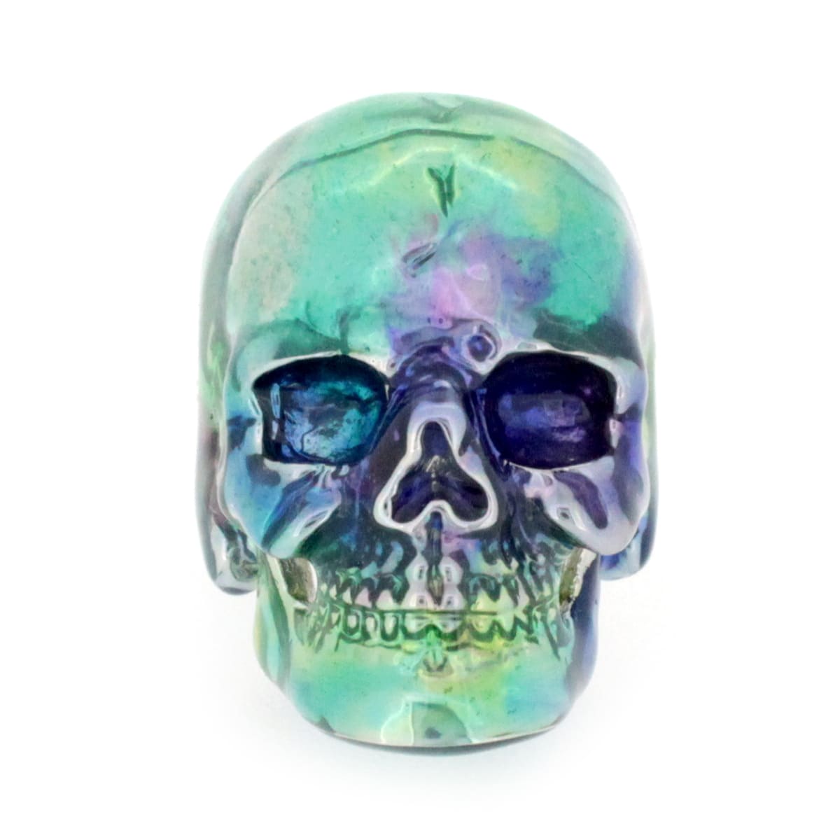 Skull design ring with enamel paint inspired by the aurora.