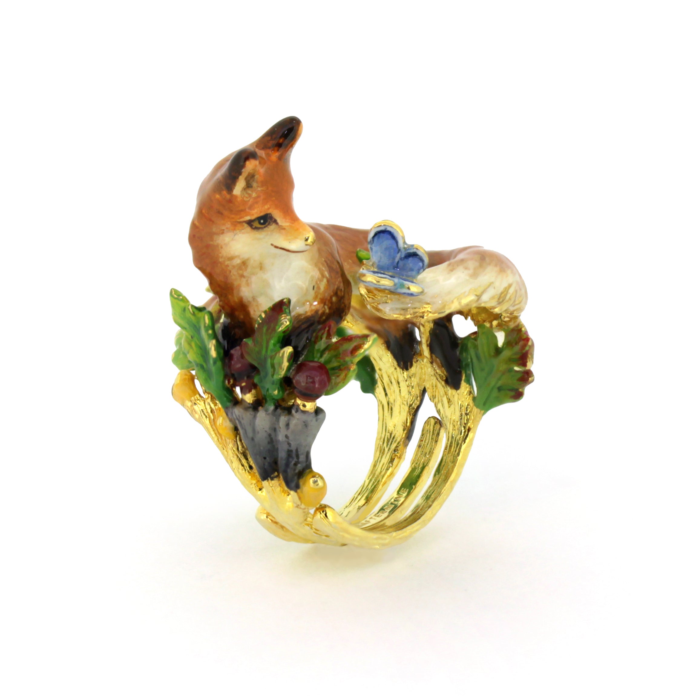 A beautifully crafted gold ring featuring a fox and a butterfly, adorned with colorful enamel details.