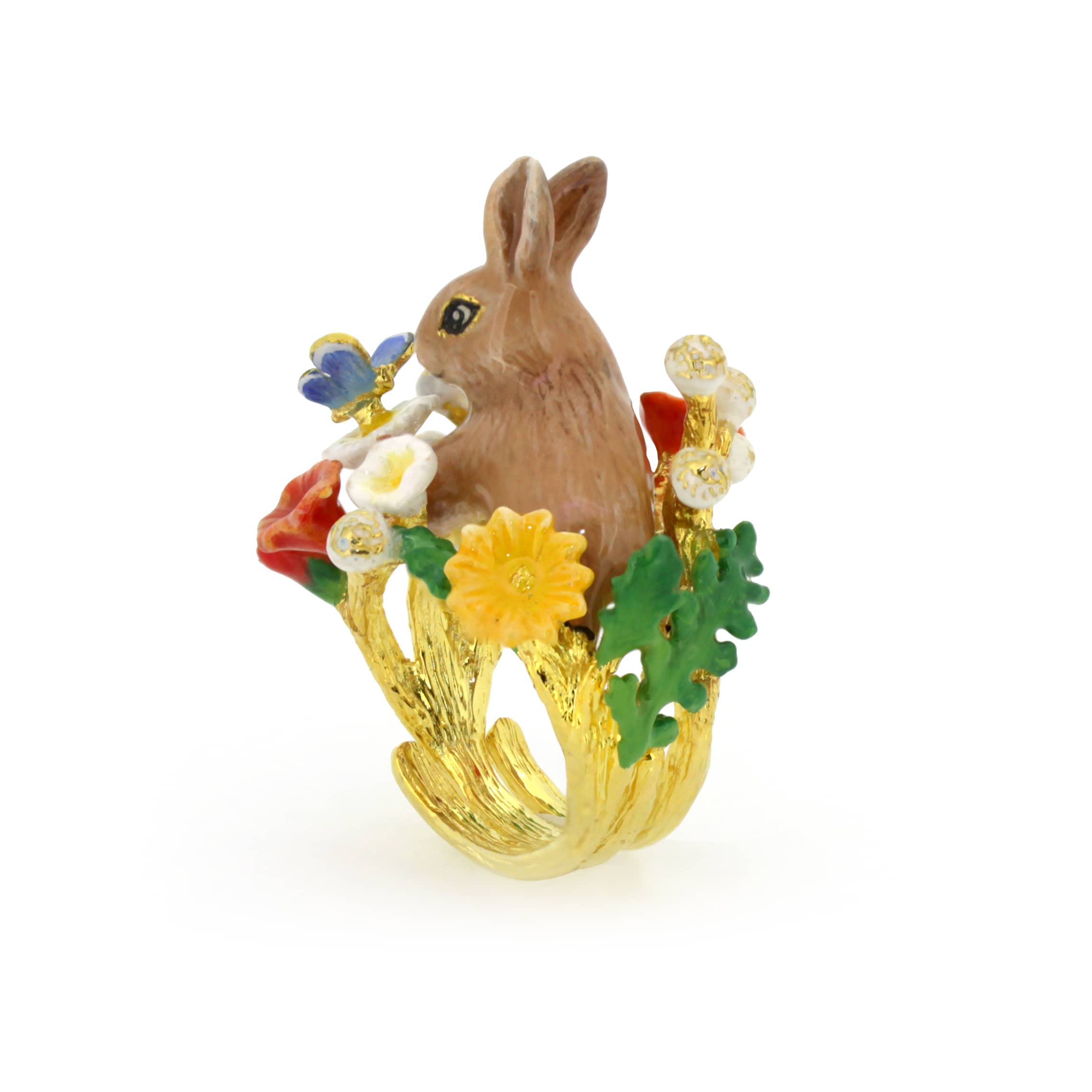 Beautifully crafted ring featuring a rabbit surrounded by colorful flowers and a blue butterfly