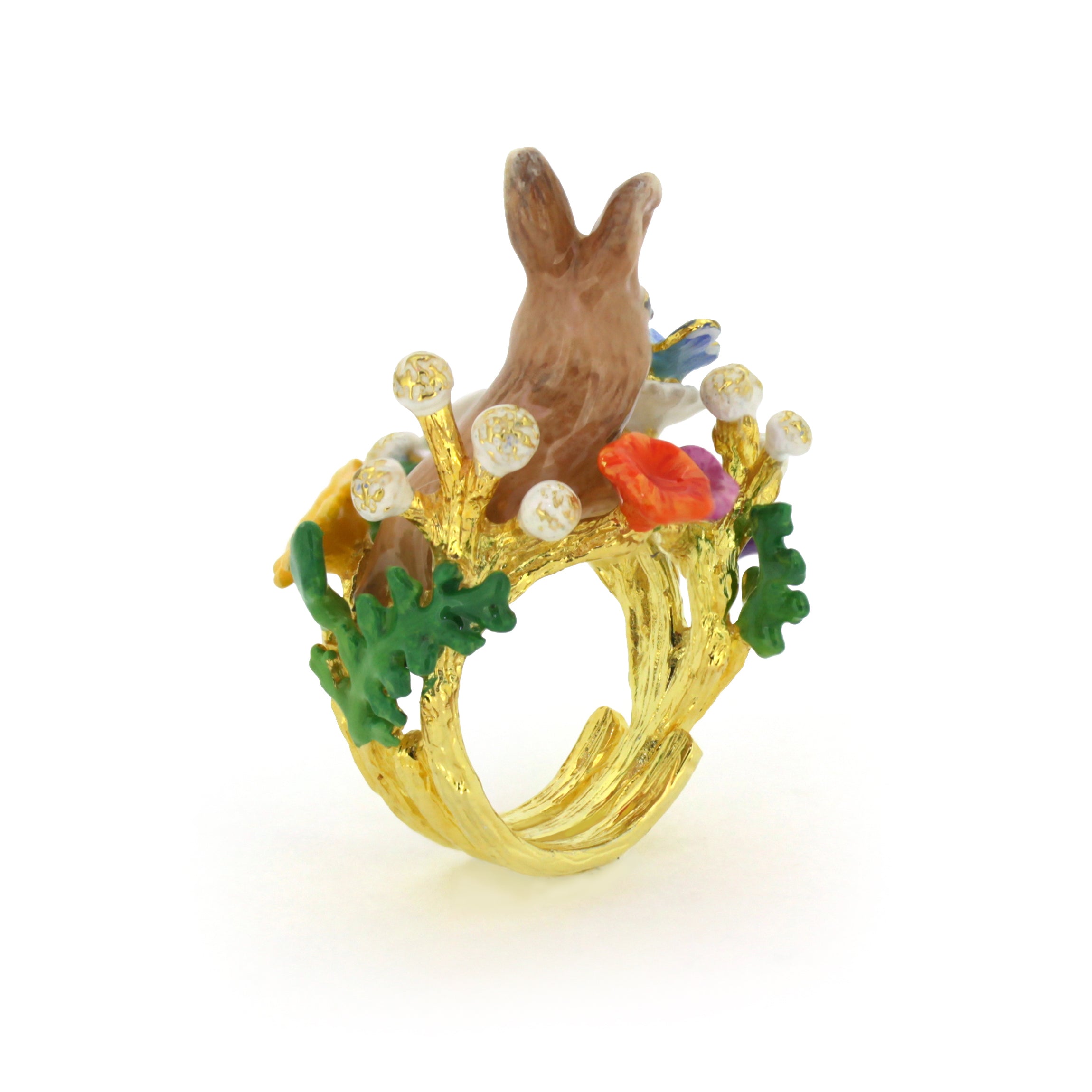Adorable ring featuring a rabbit surrounded by colorful flowers and a blue butterfly
