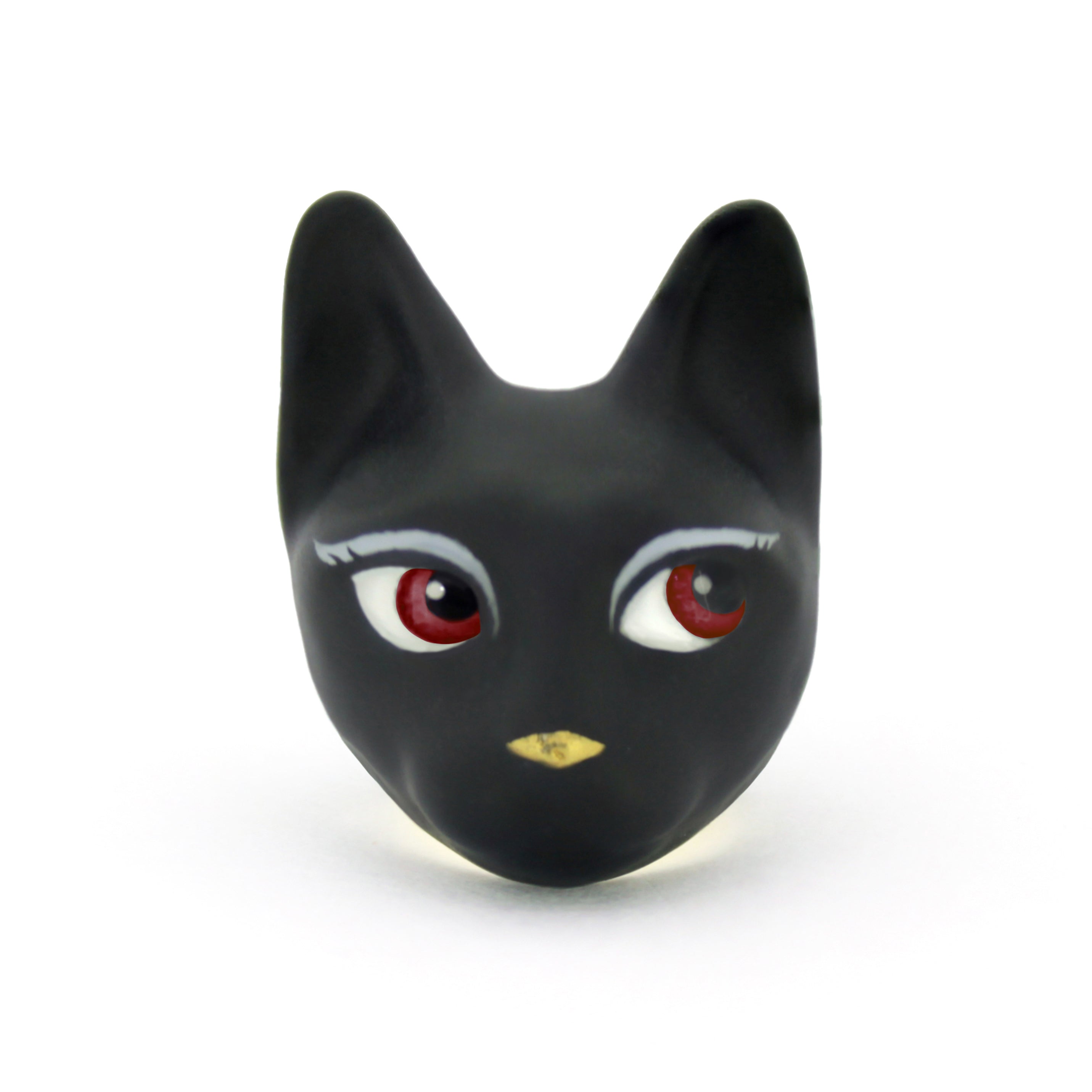 A hand-painted ring featuring a black cat with fierce red eyes.