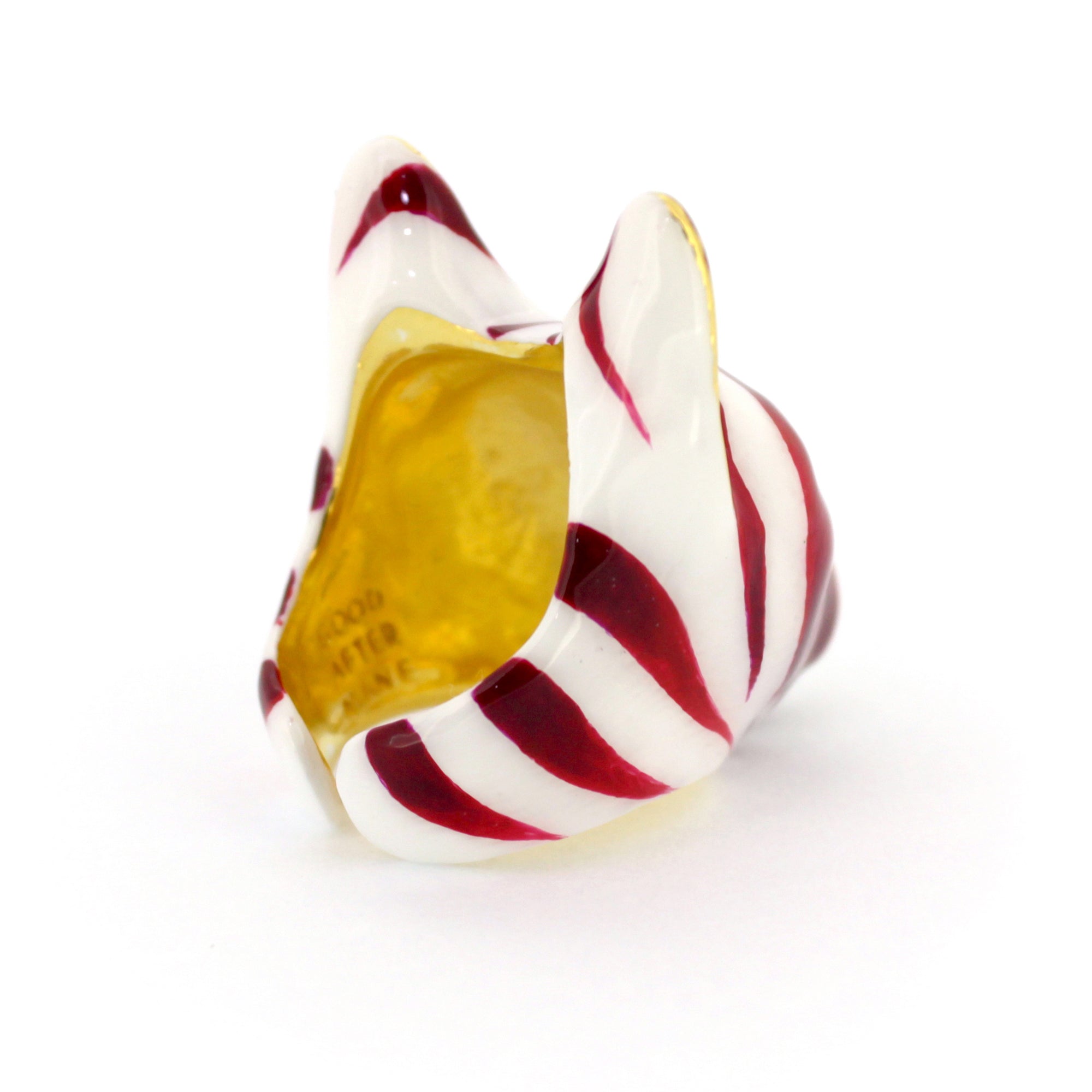 A unique cat ring showcasing a festive red and white stripe design inspired by candy canes.