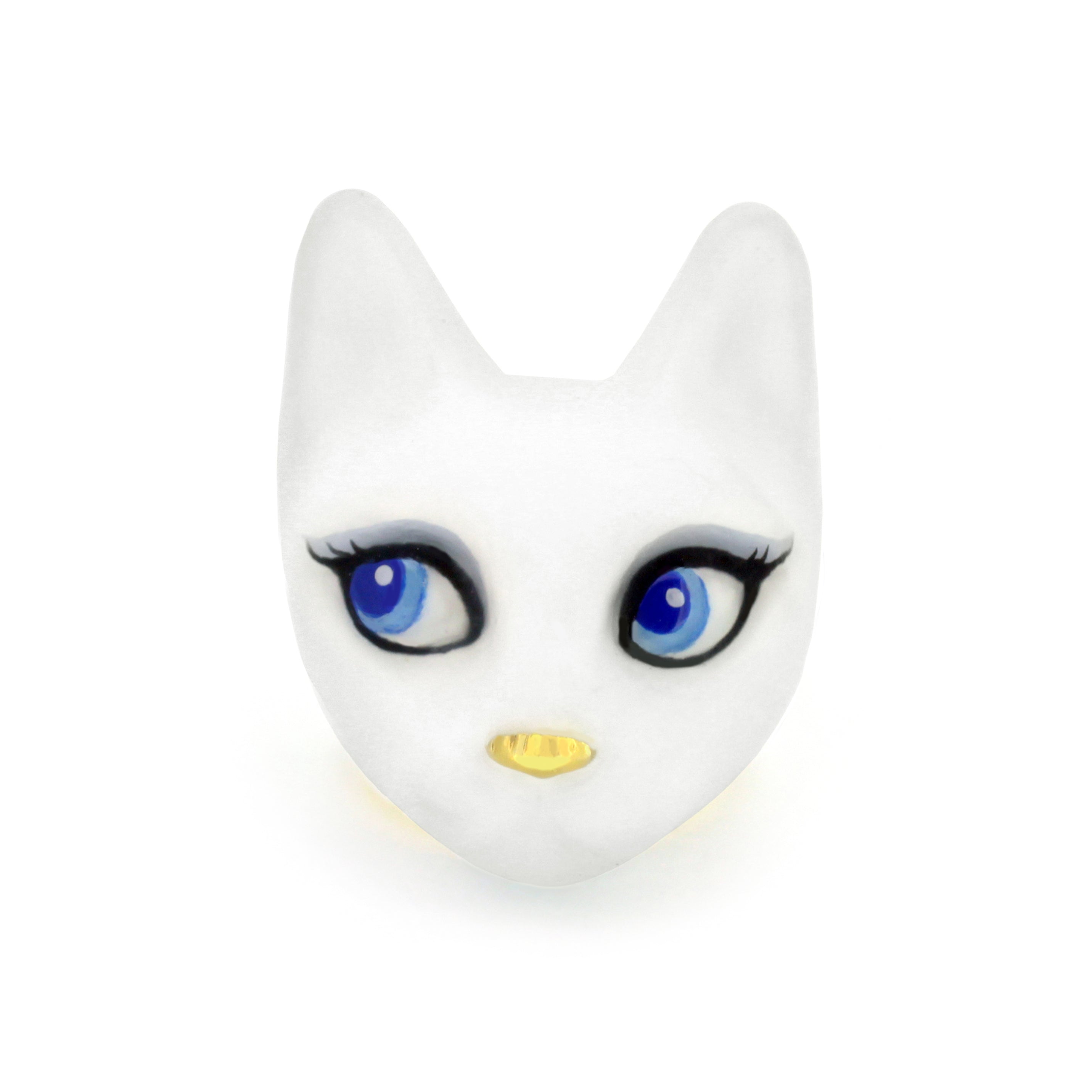 Hand-painted ring showcasing a white cat with captivating blue eyes.