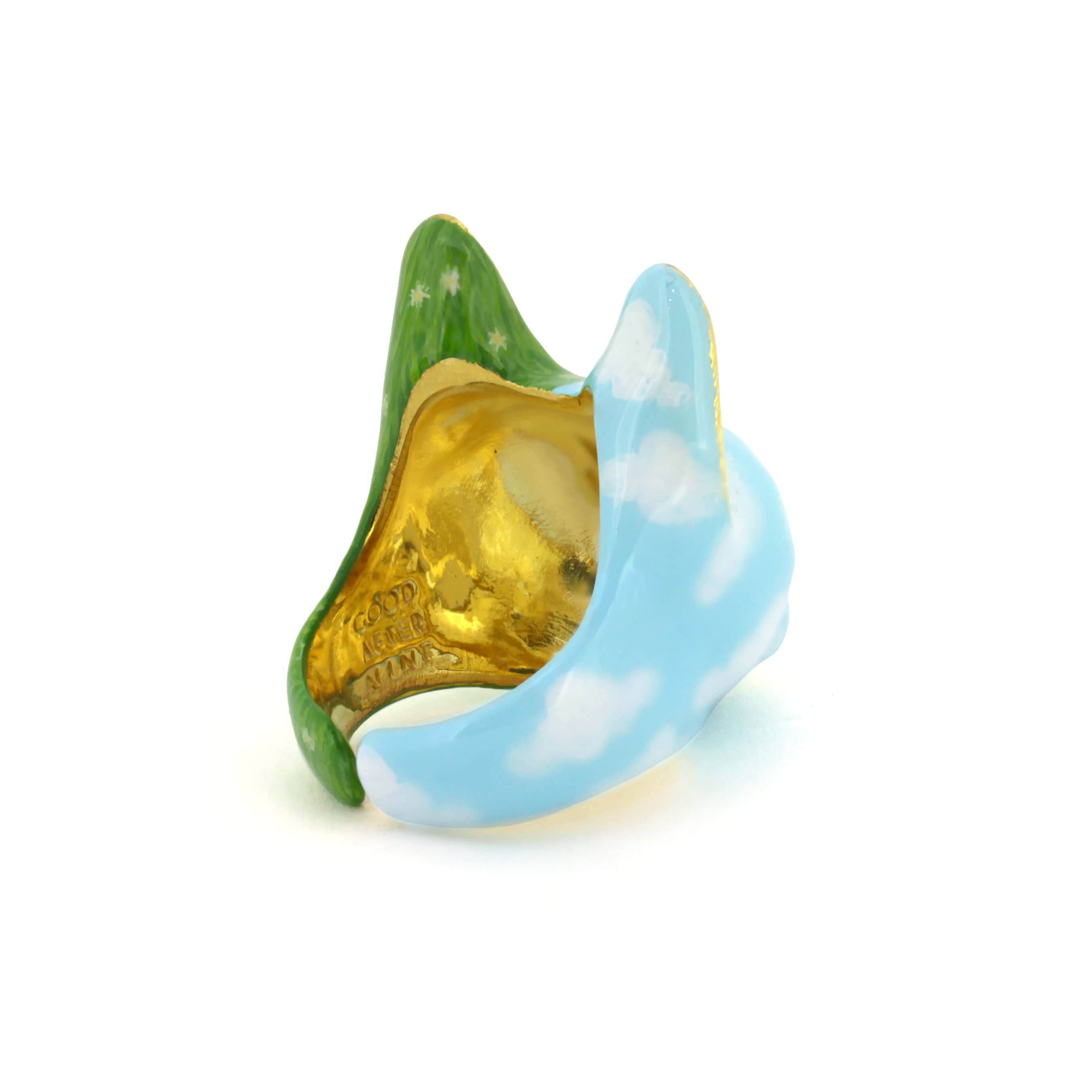 Hand-painted cat ring featuring a blue sky and a white cat in a green grass field.