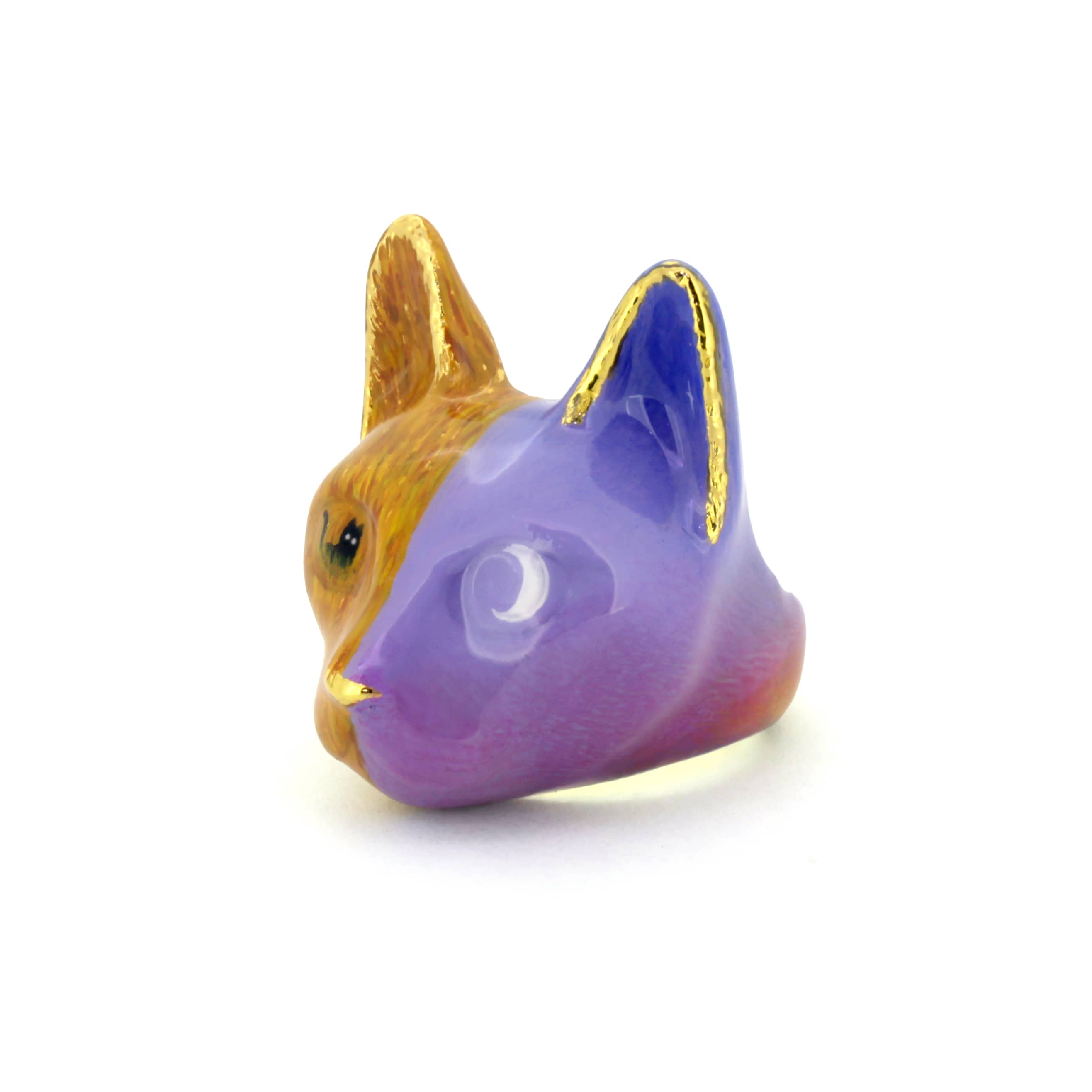Wearable art ring in orange and purple colors featuring a black cat in a field under a night sky with a moon.