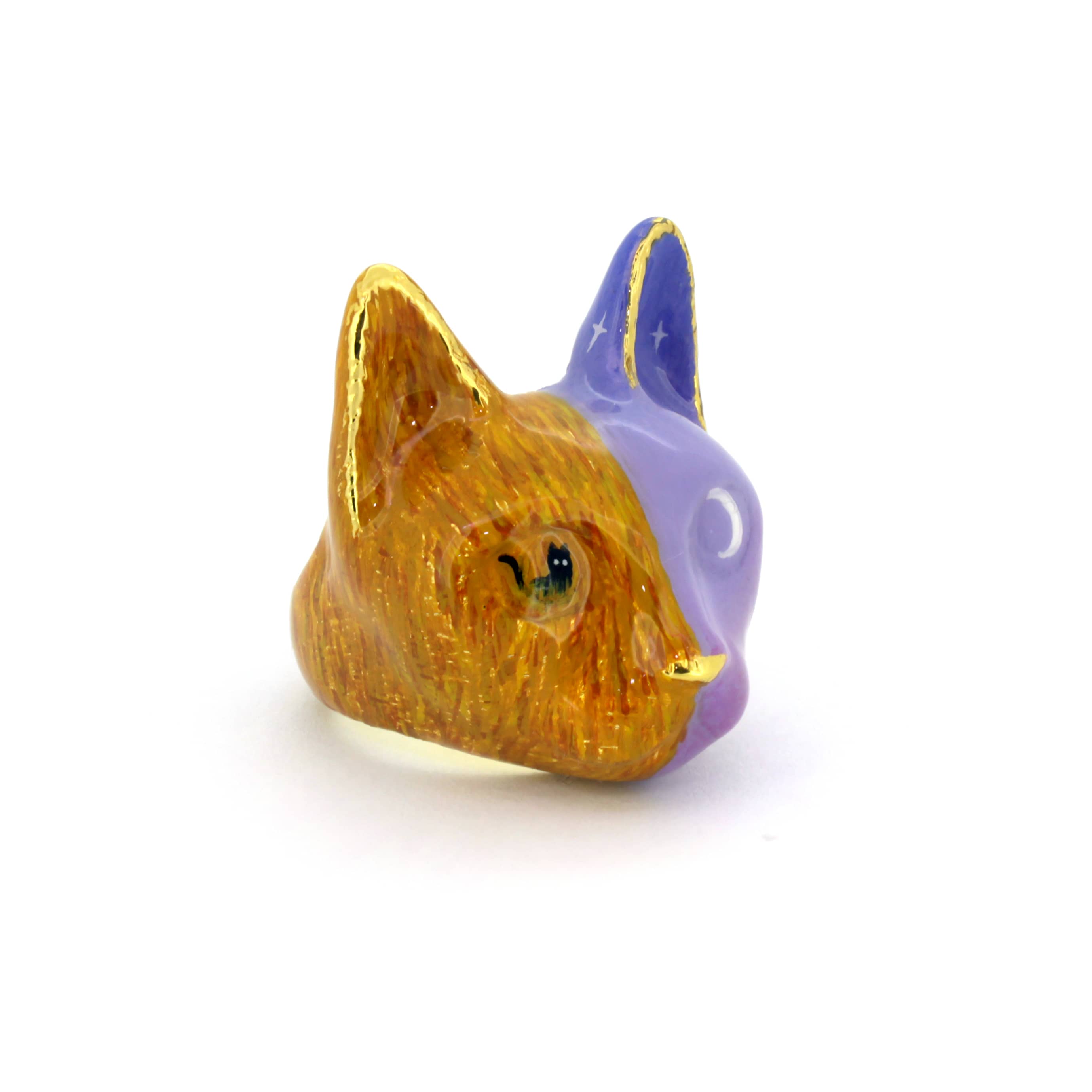 Hand-painted ring in orange and purple colors featuring a black cat in a field under a night sky with a moon.