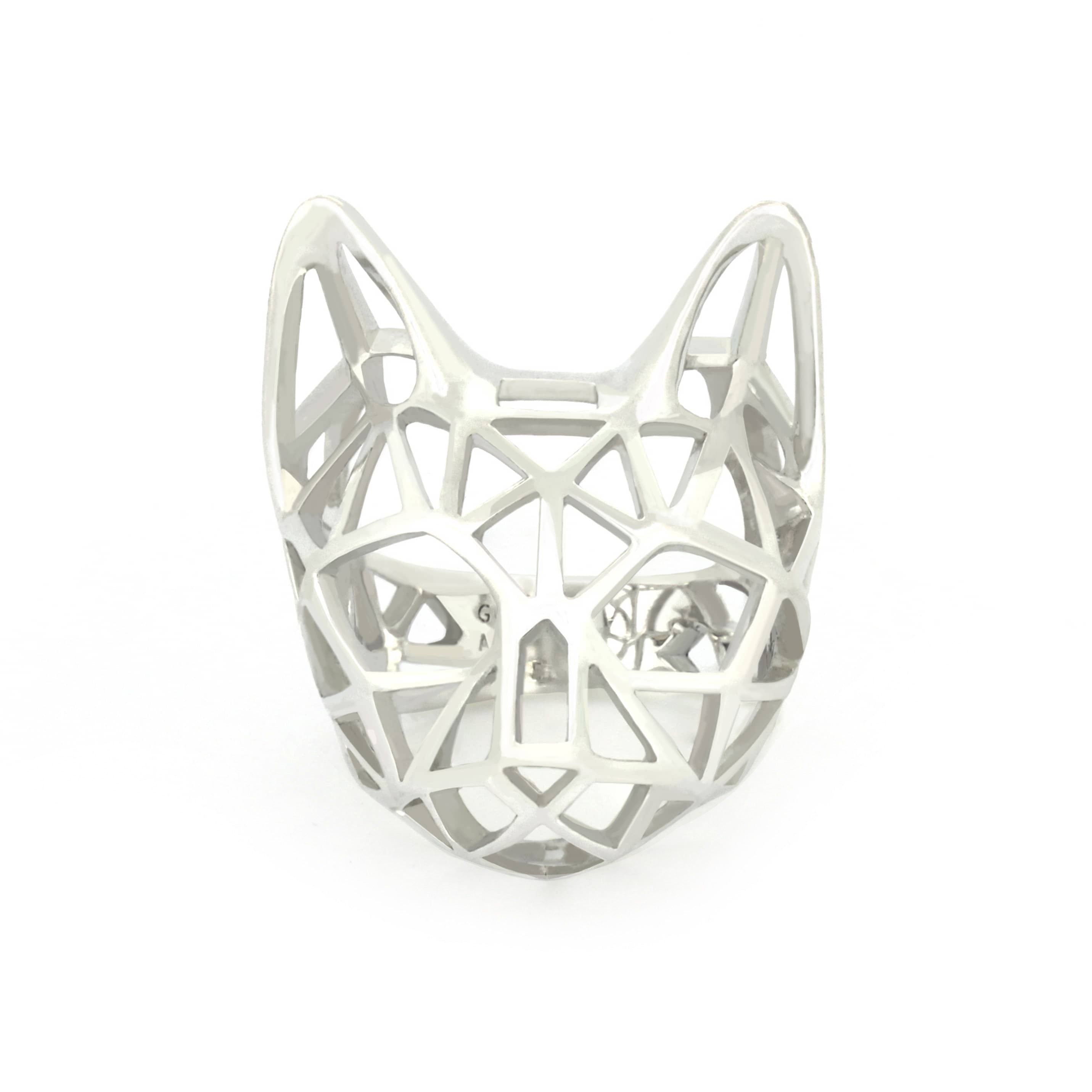 Stylish silver cat-themed ring with geometric design
