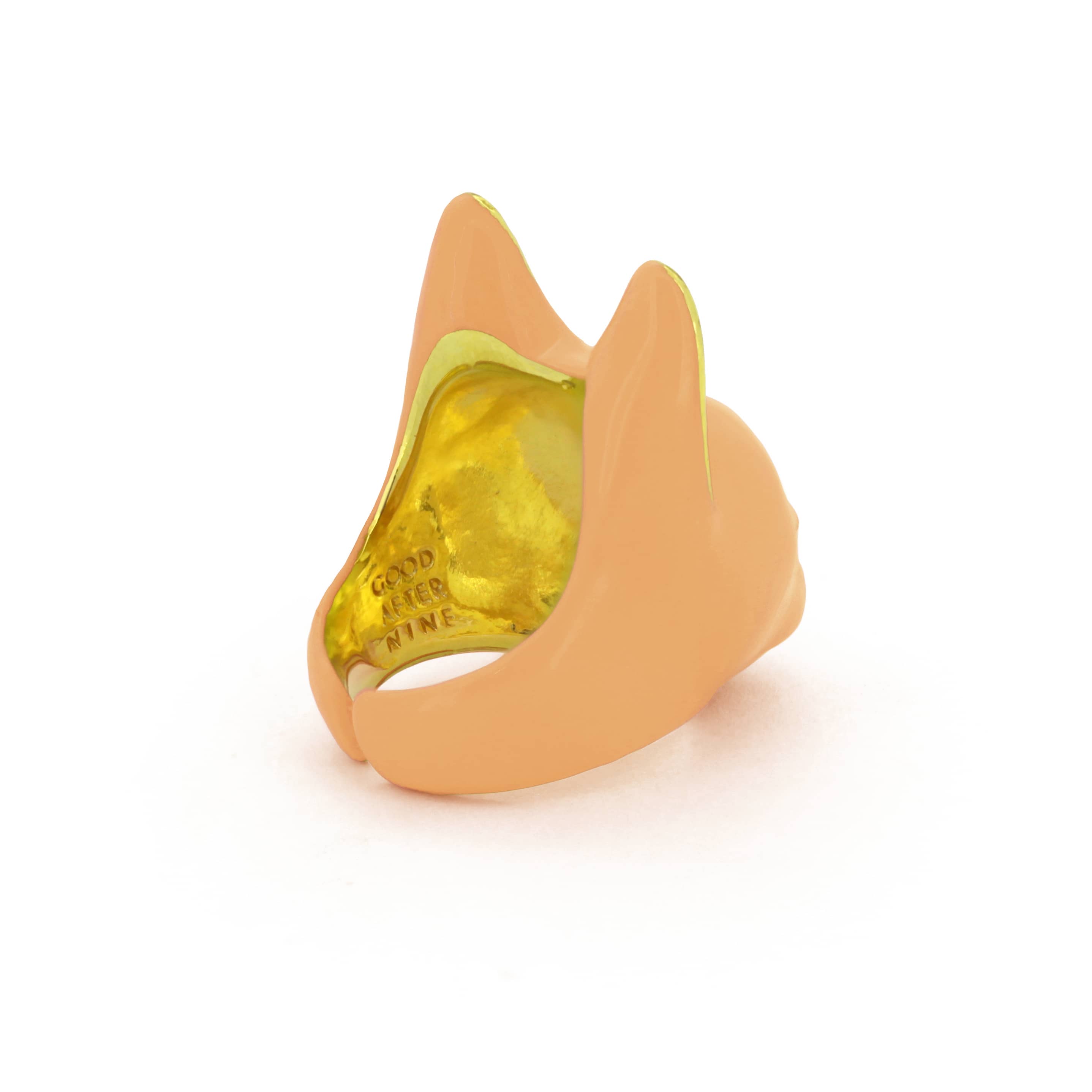 A orange cat's head ring with gold accents on the ears and a small gold nose, perfect for cat lovers.
