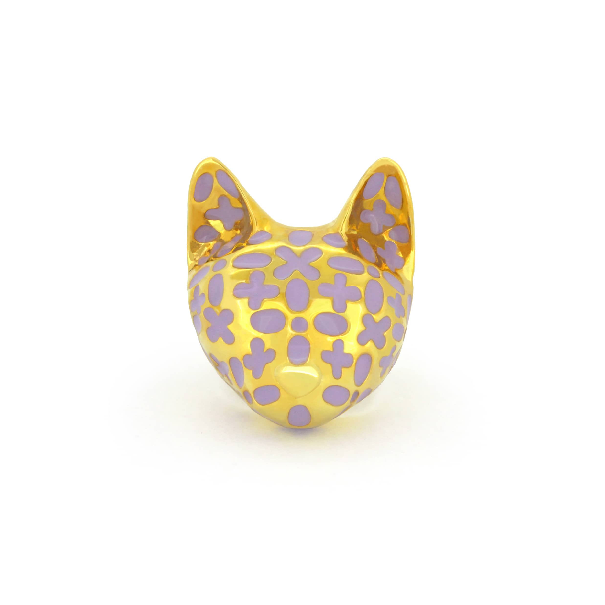 A gold cat ring featuring purple floral patterns.