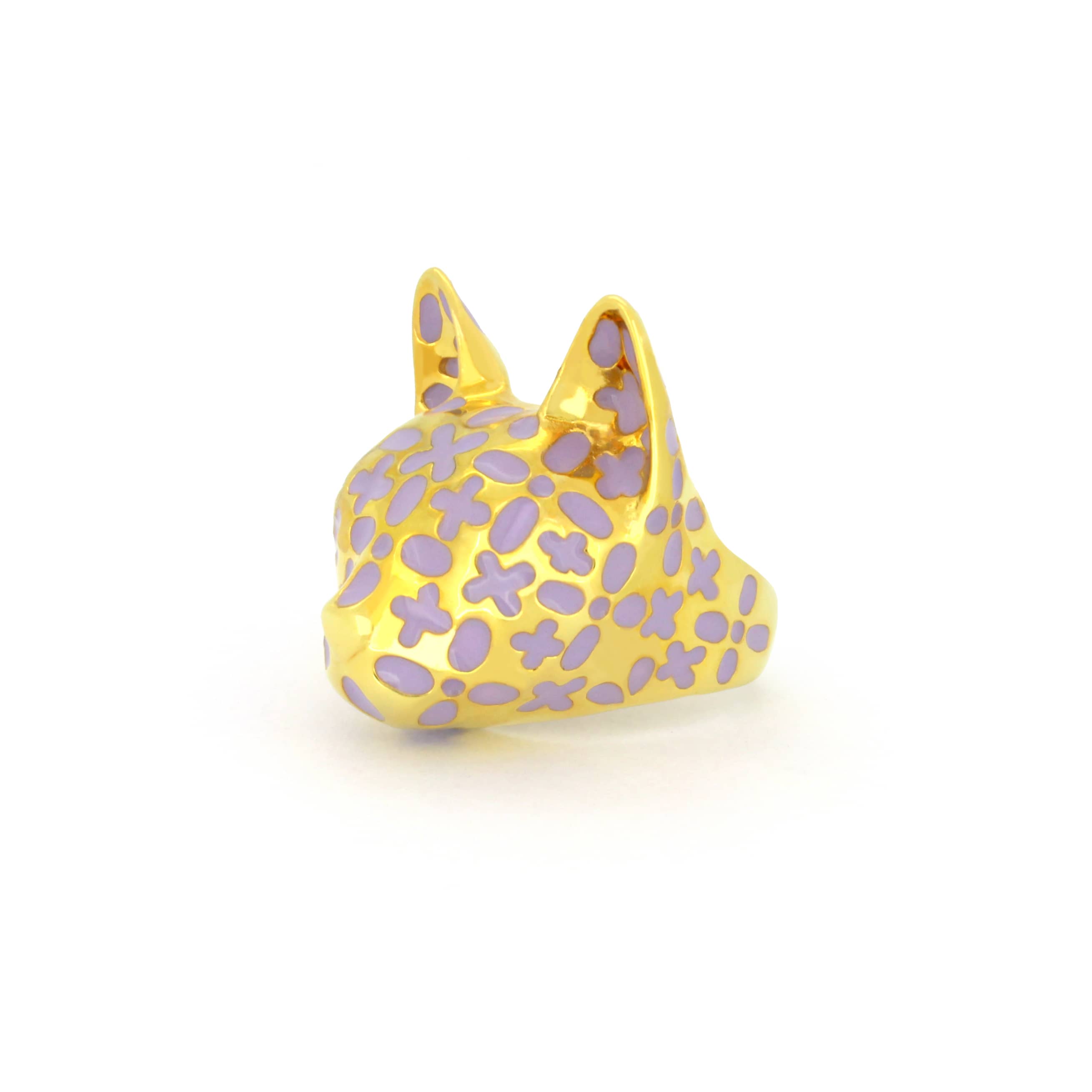 Beautiful gold cat ring featuring purple floral patterns, inspired by lilac.