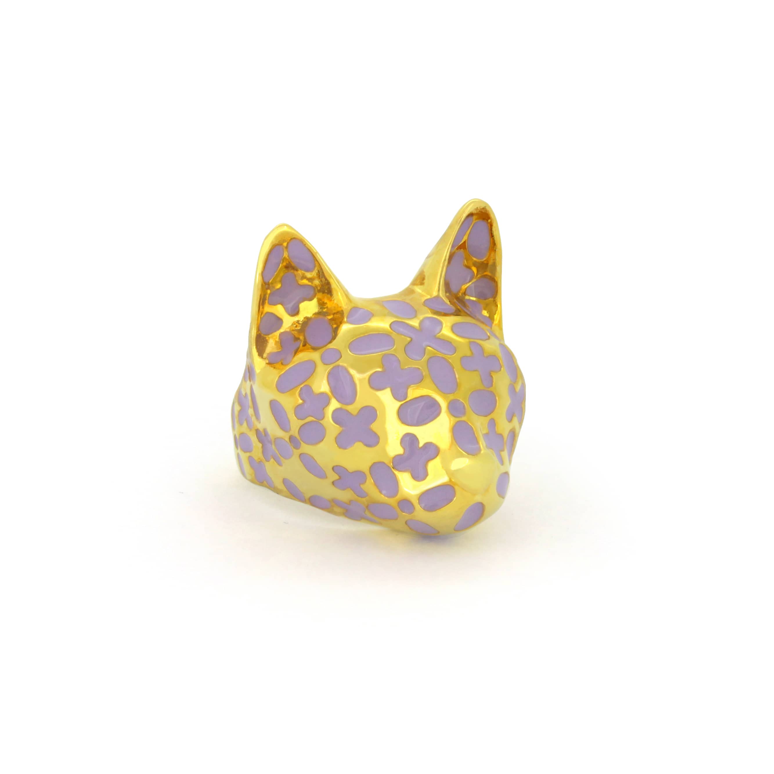 Beautiful gold cat ring featuring purple floral patterns, inspired by lilac.