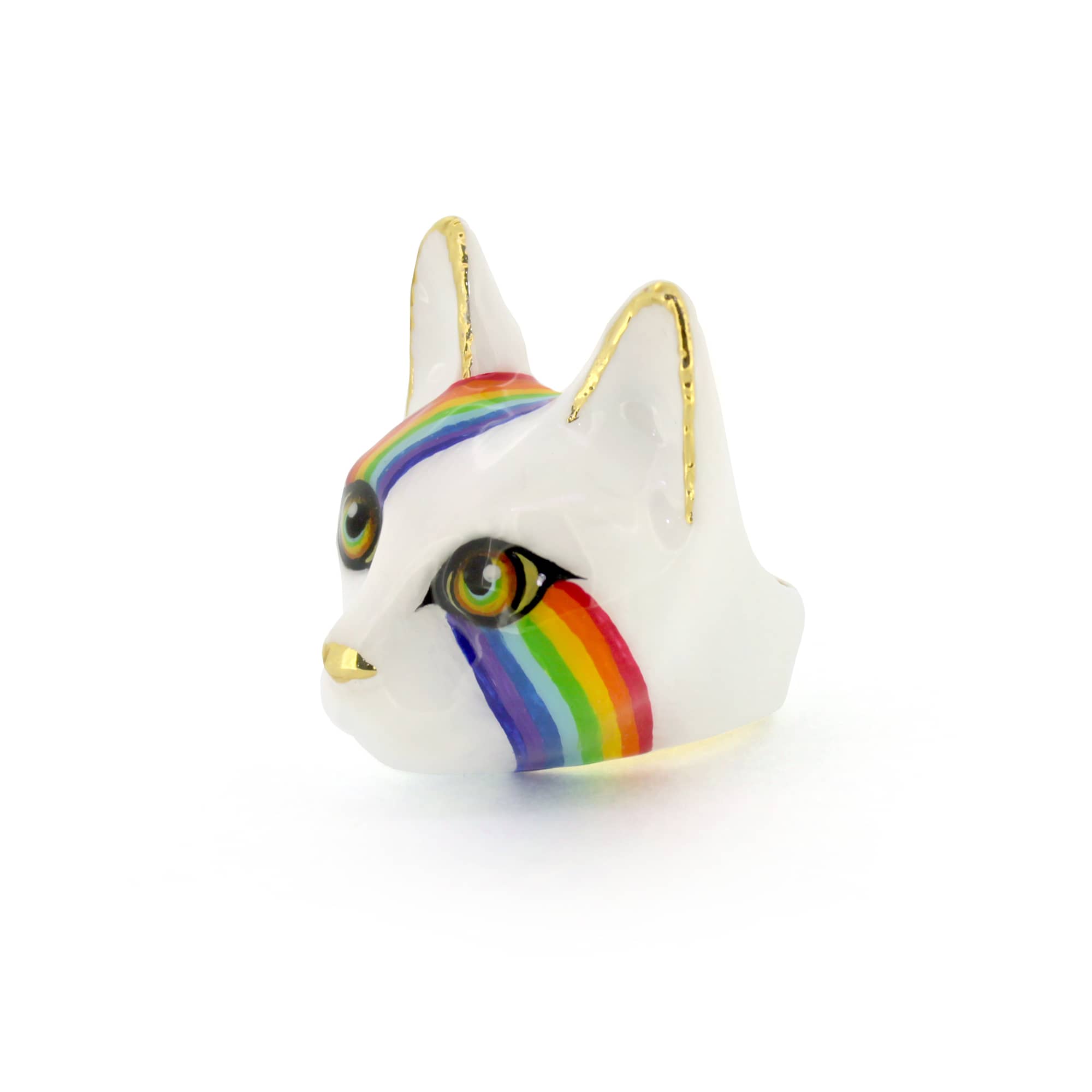 Unique white cat ring with a vibrant rainbow pattern across the face, perfect for cat lovers.
