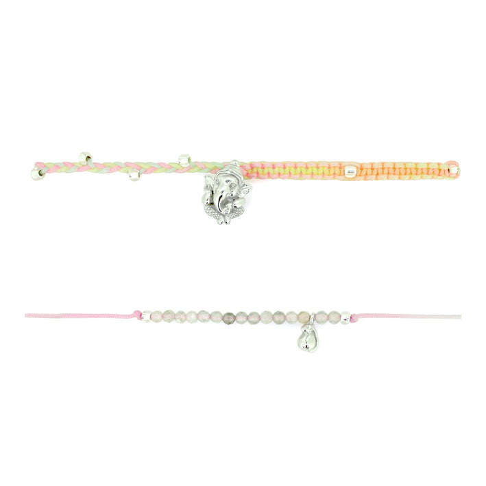 Colorful Ganesh and Musika charm bracelet set featuring intricate designs.