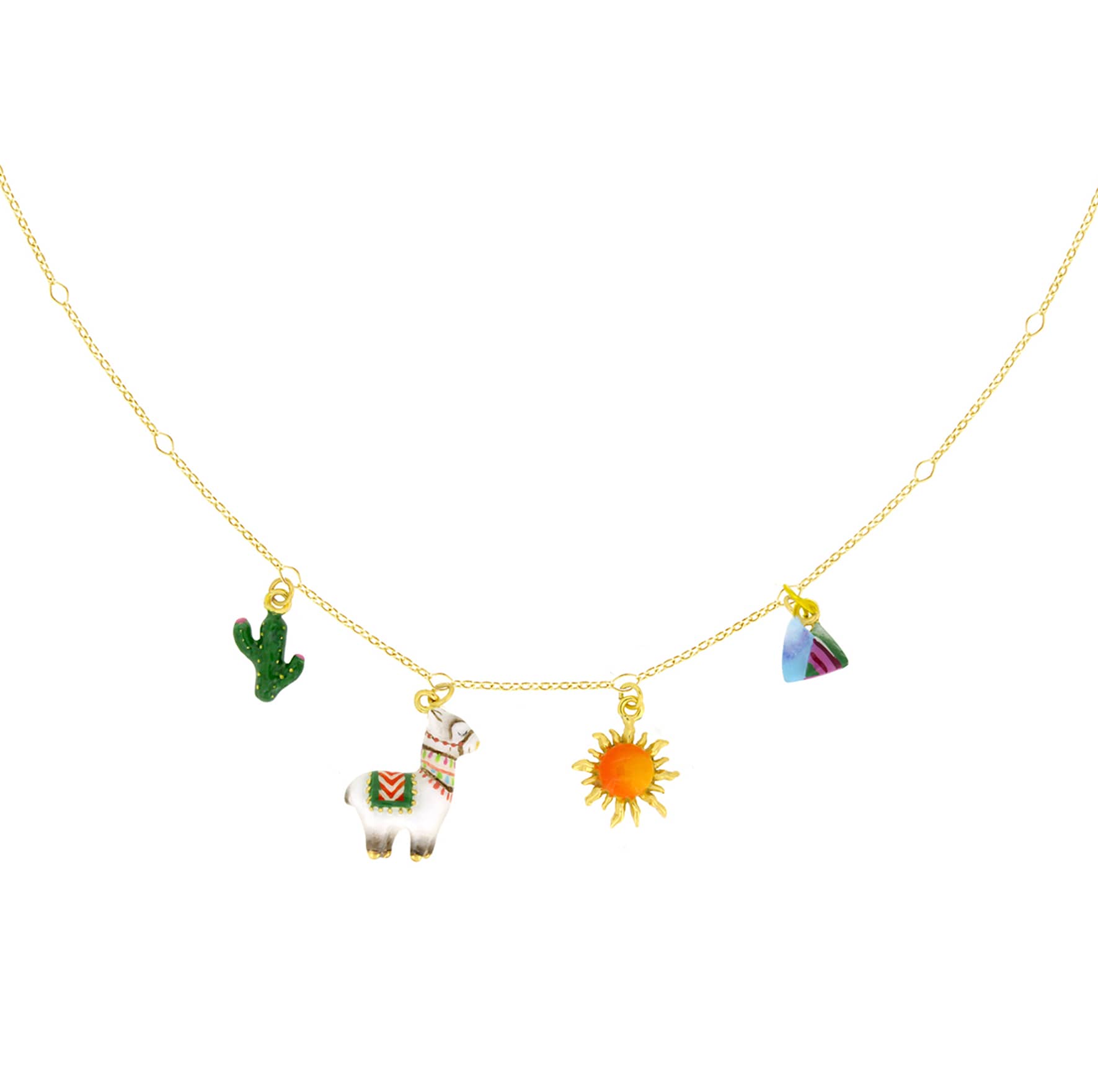 A unique necklace with alpaca, cactus, sun, and mountain charms, perfect for summer fashion.