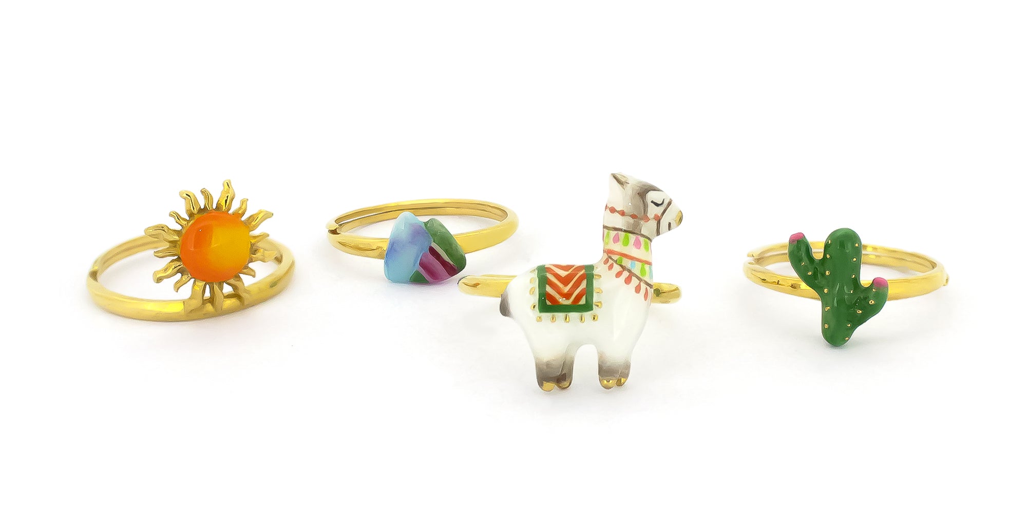 Stacking ring featuring a playful design with an alpaca, a cactus, the sun, and a mountain.