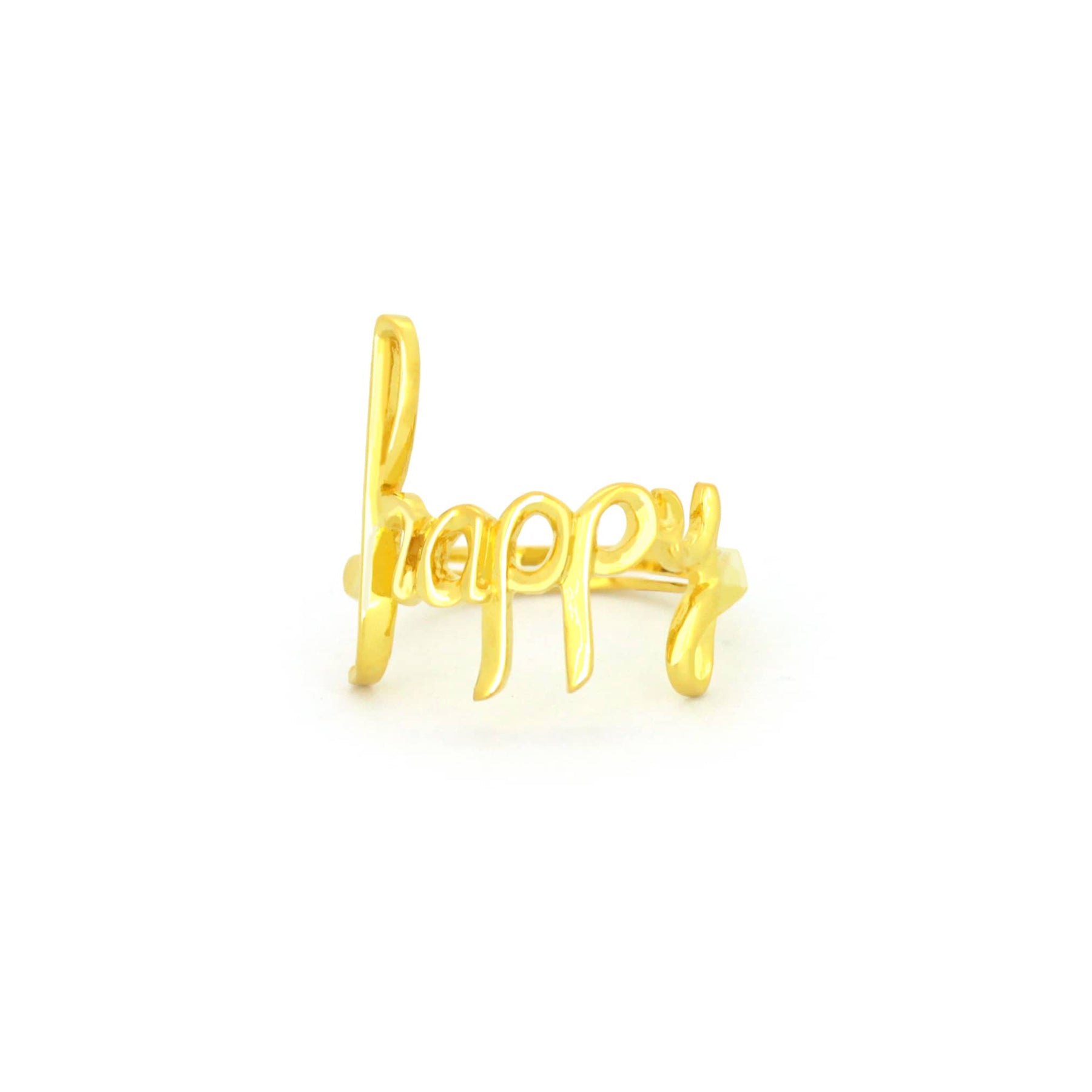 Sterling silver ring with 18k gold plating featuring the word 'Happy' in a handwritten style.