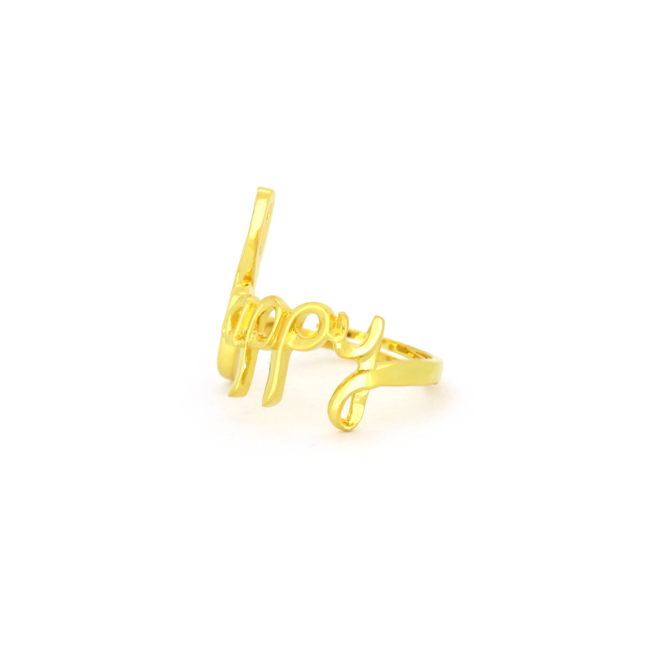 Sterling silver ring with 18k gold plating featuring the word 'Happy' in a handwritten style.