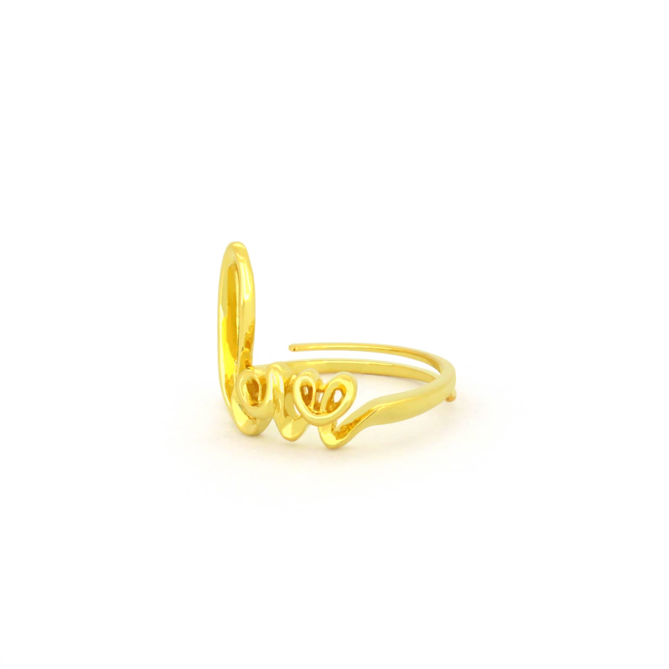 Sterling silver ring with 18k gold plating featuring the word 'Love' in a handwritten style.