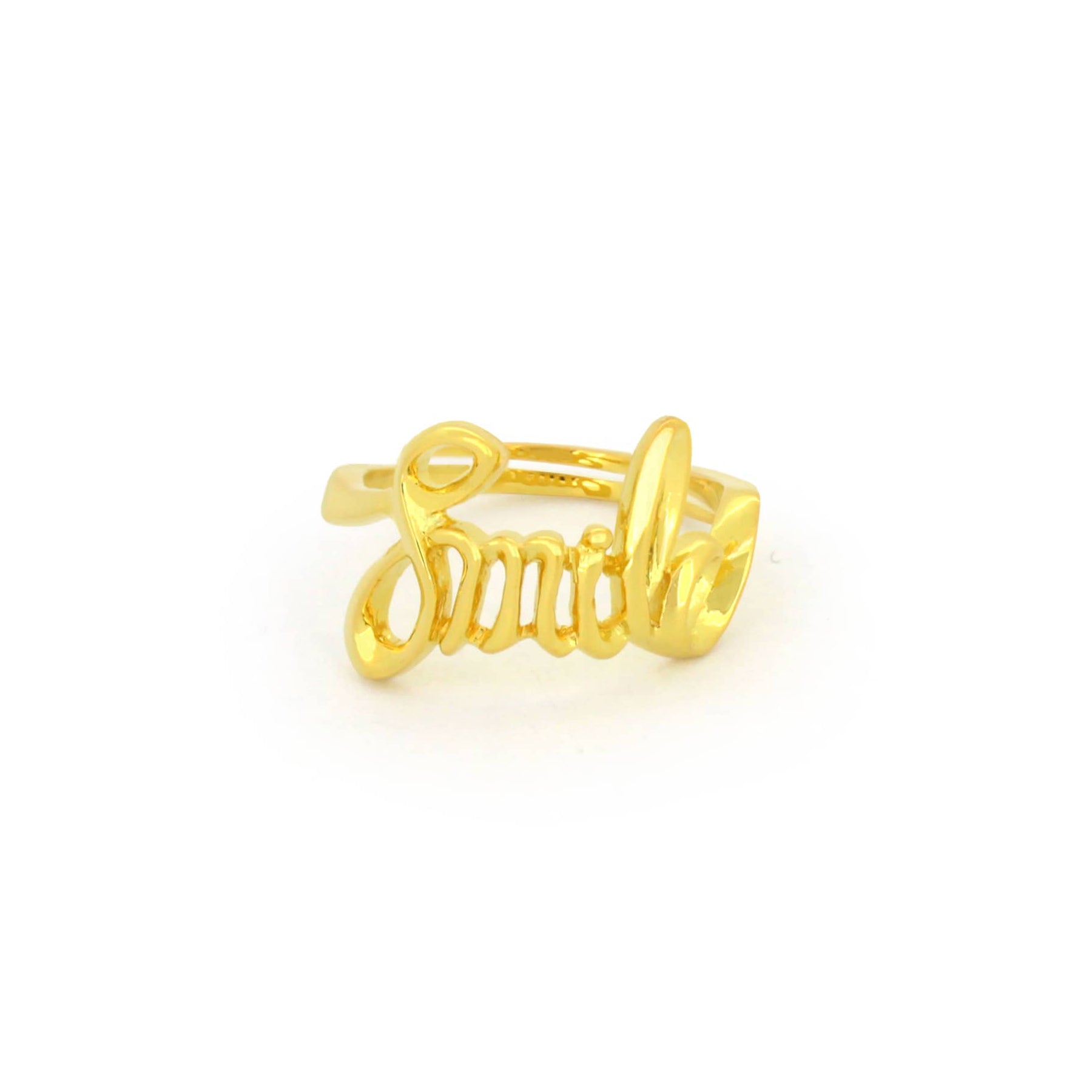 Sterling silver ring with 18k gold plating featuring the word 'Smile' in a handwritten style.