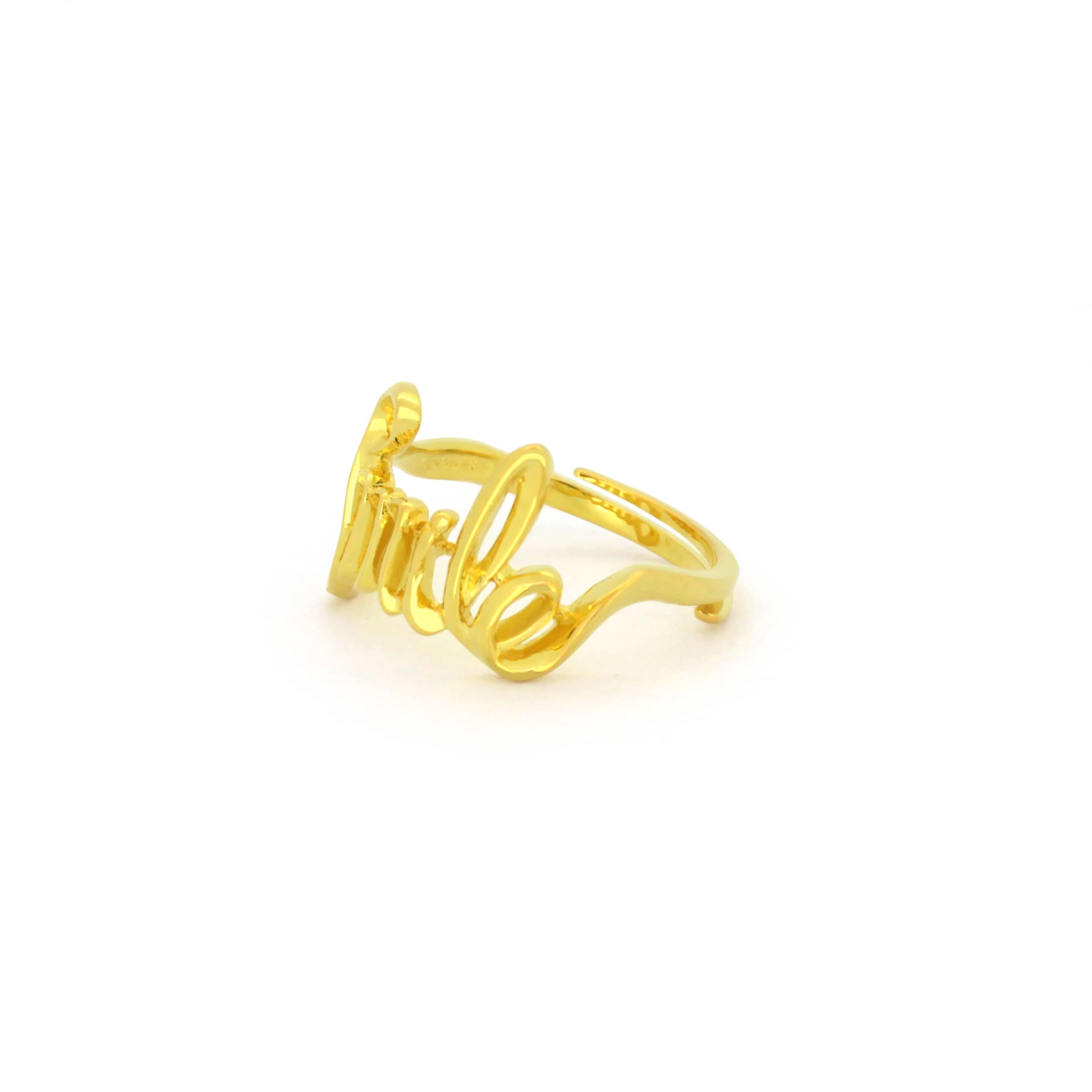 Sterling silver ring with 18k gold plating featuring the word 'Smile' in a handwritten style.