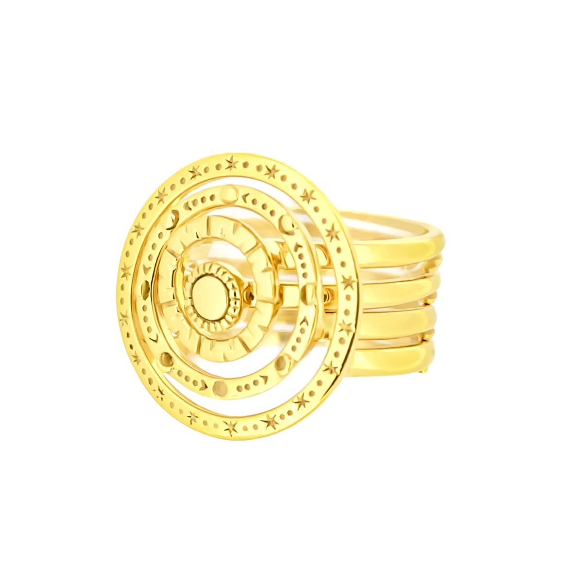 Stunning gold star-inspired ring set featuring circular designs and intricate patterns.