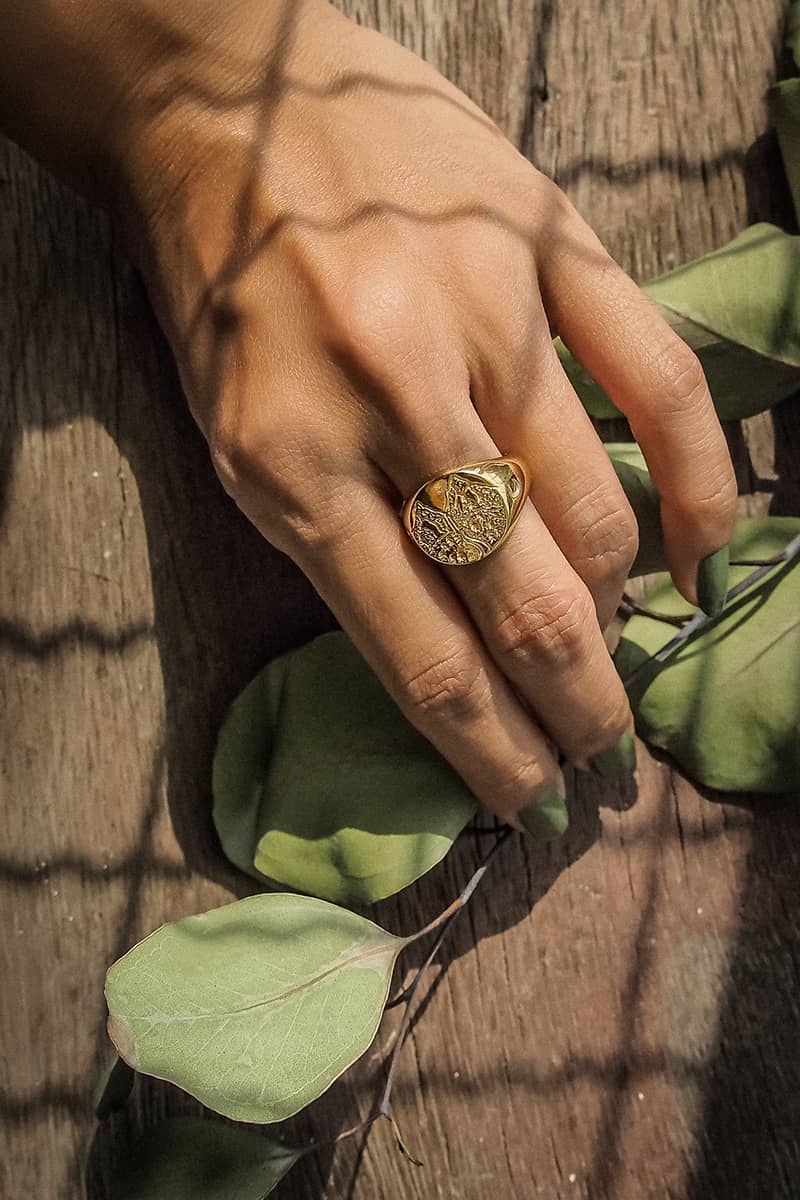 A close-up of a hand wearing a gold ring with a textured mountain design while holding green leaves.
