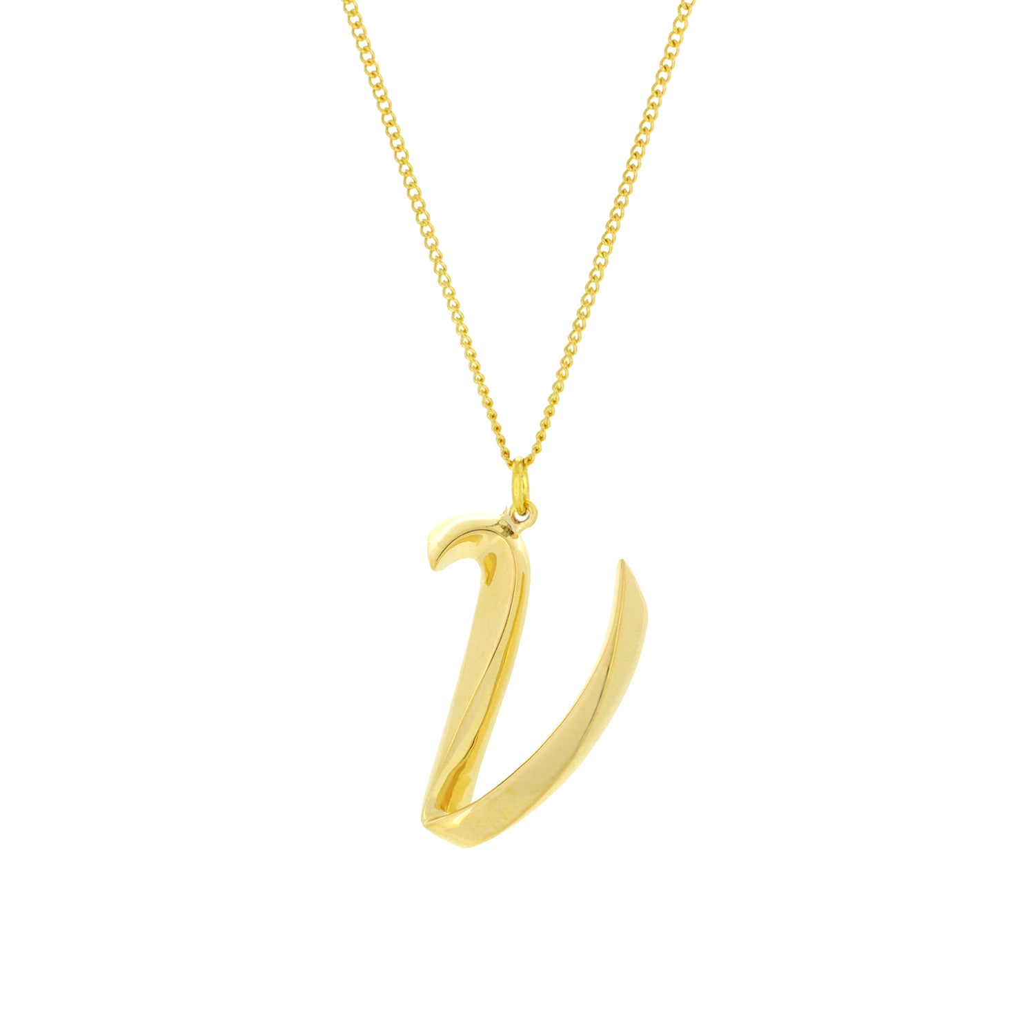Gold-colored necklace with a beautiful letter V pendant.