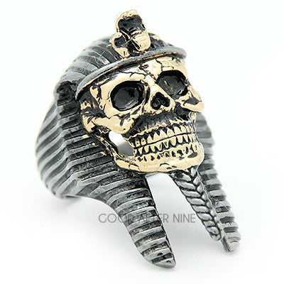 Artisan-crafted ring showcasing a skull and pharaoh theme