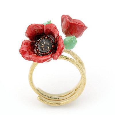 Vibrant flower ring featuring red poppies on a gold-toned band, perfect for flower lovers.