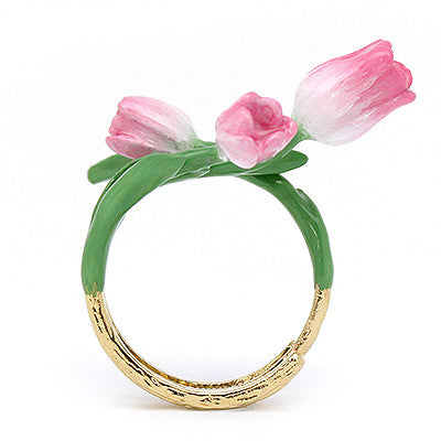 Beautiful pink tulip ring with gold band and green leaves.