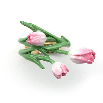 Handcrafted pink tulip ring with gold band and green leaves, perfect for flower lovers.