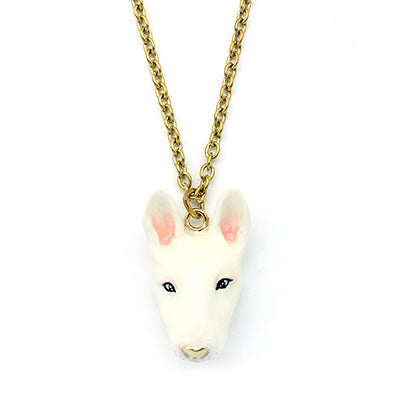 White bull terrier pendant necklace on a gold chain, perfect for dog lovers.