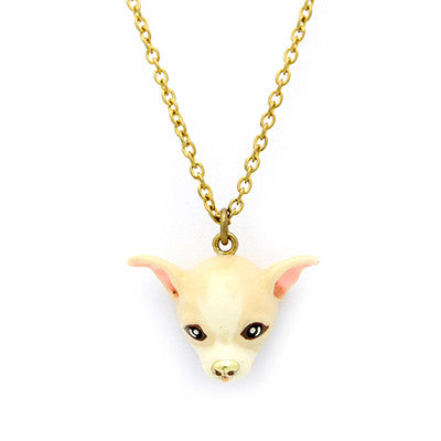 Adorable chihuahua pendant necklace in gold chain, perfect for dog lovers.